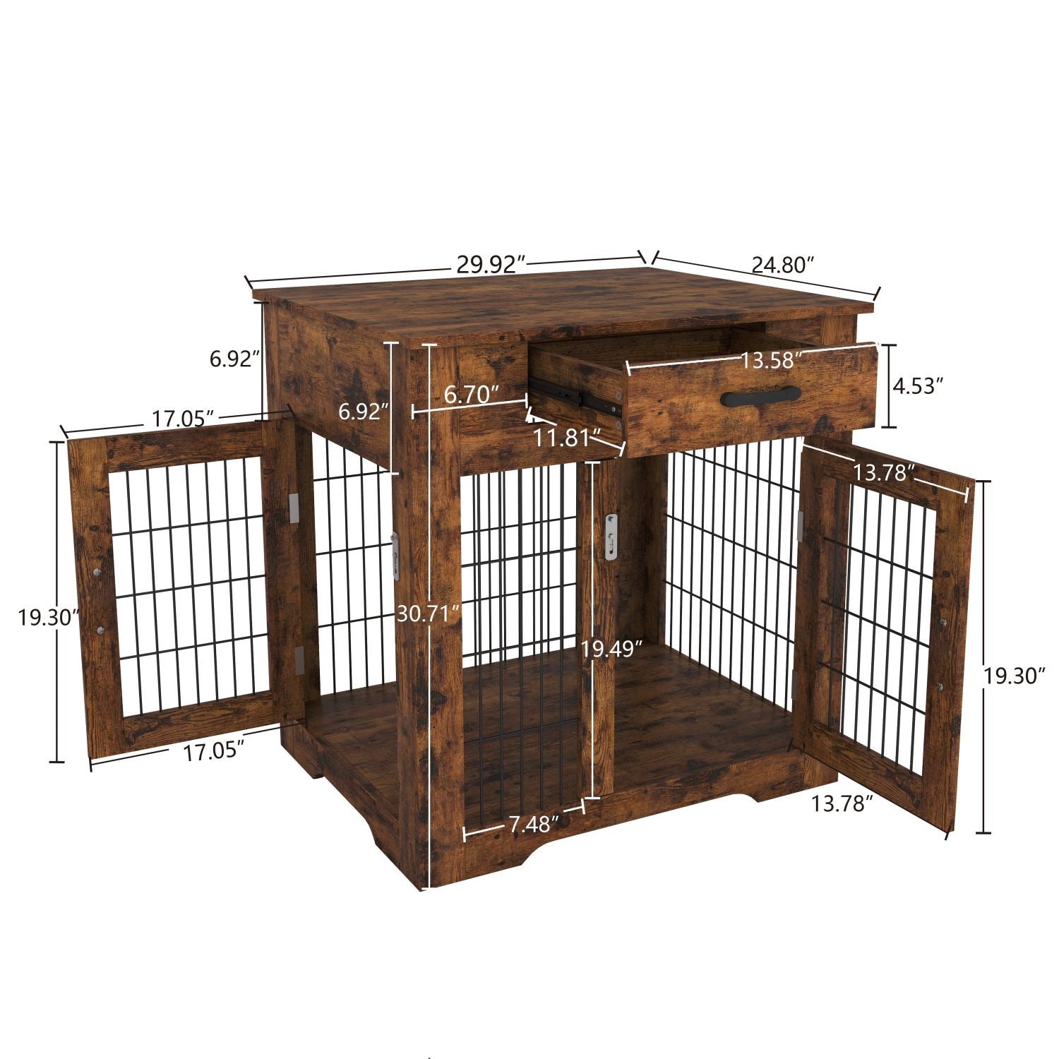 BATE Small Dog Crate Furniture-Style Pet Kennel， Double Doors Dog House with Drawer， Brown