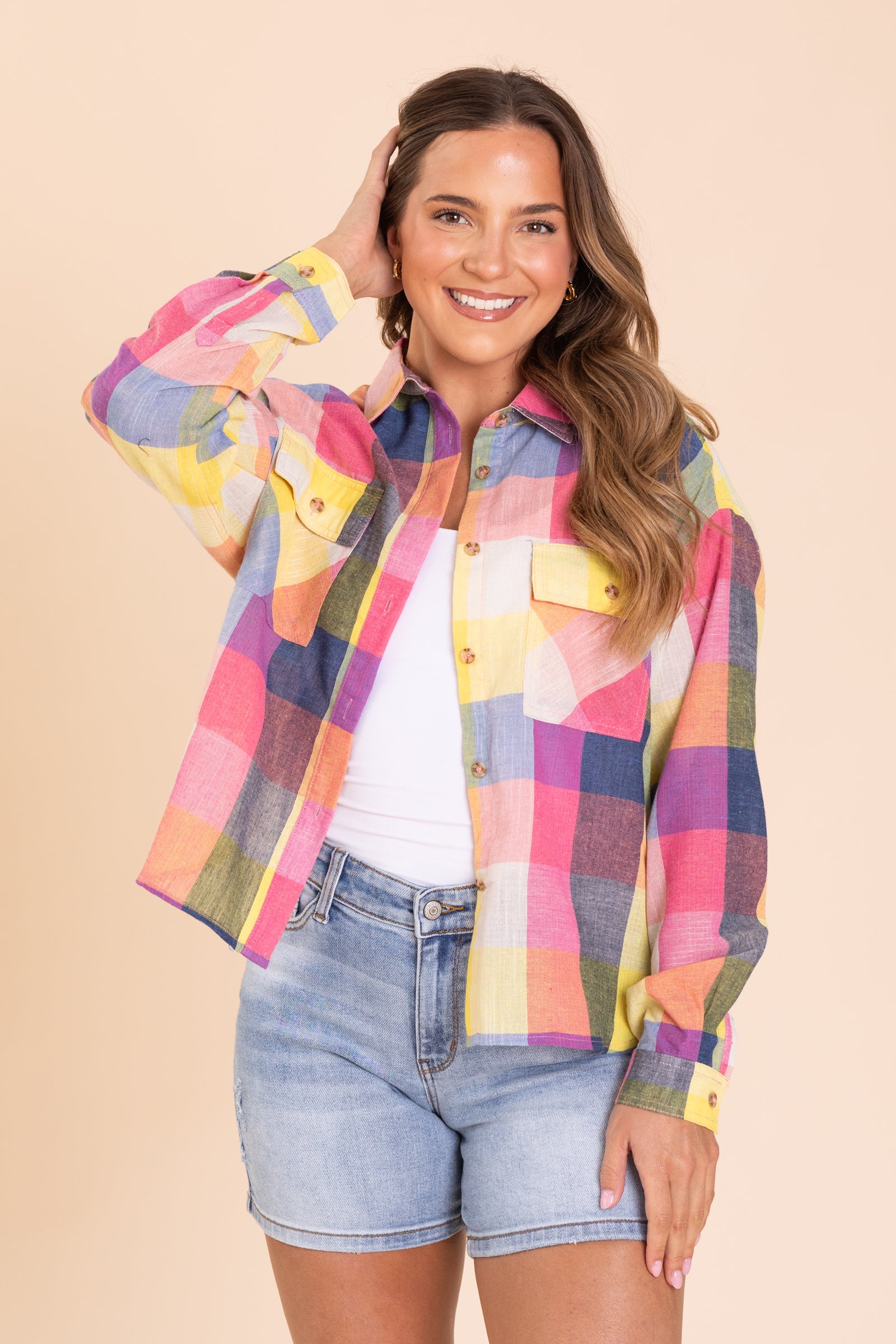 Pink Plaid Linen washed Button Down Shirt