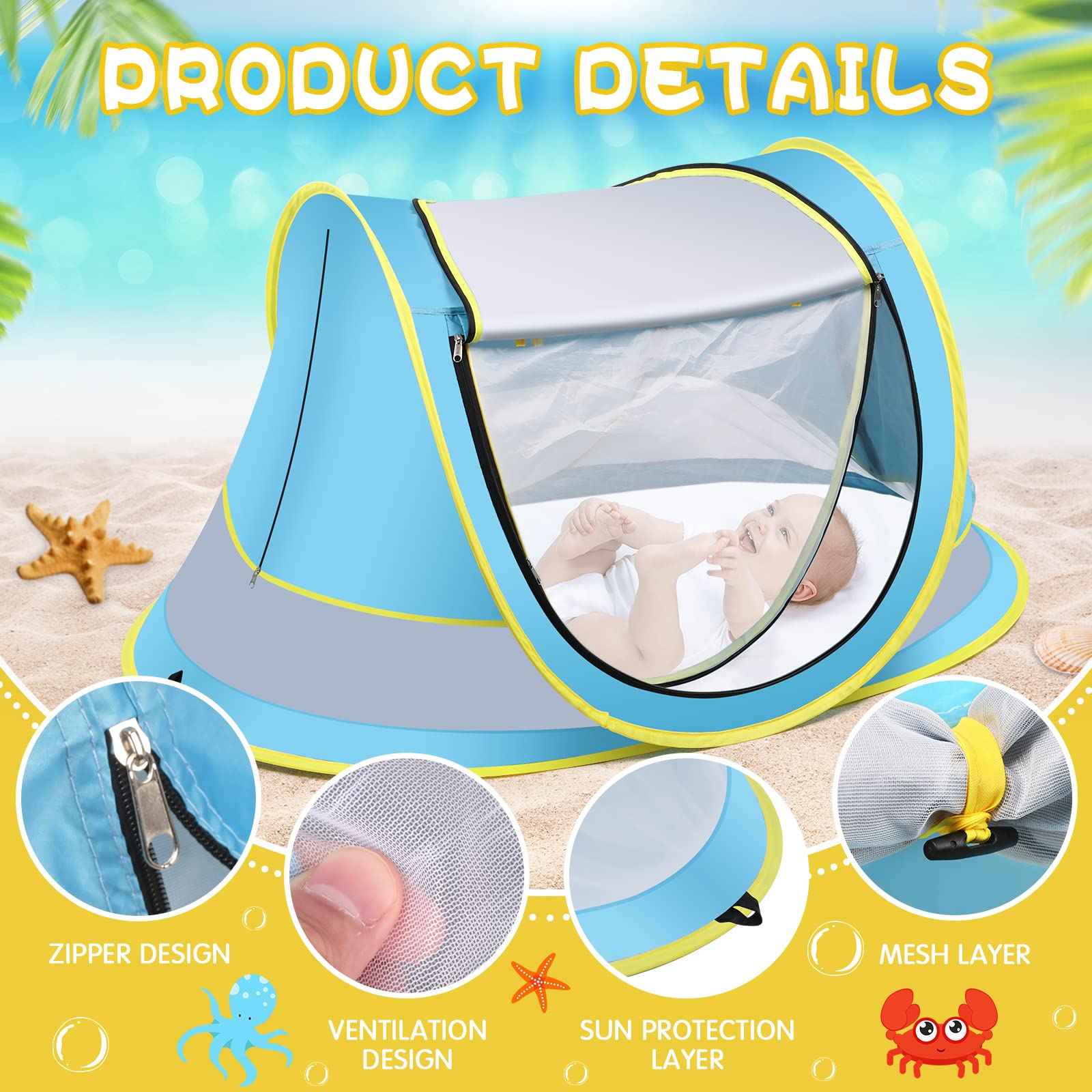IMMEKEY Baby Beach Tent，Large Pop Up Sun Shade for Beach，Portable Baby Travel Tent with Mosquito Net，UPF 50+ UV Protection Sun Shelters for Infants Blue