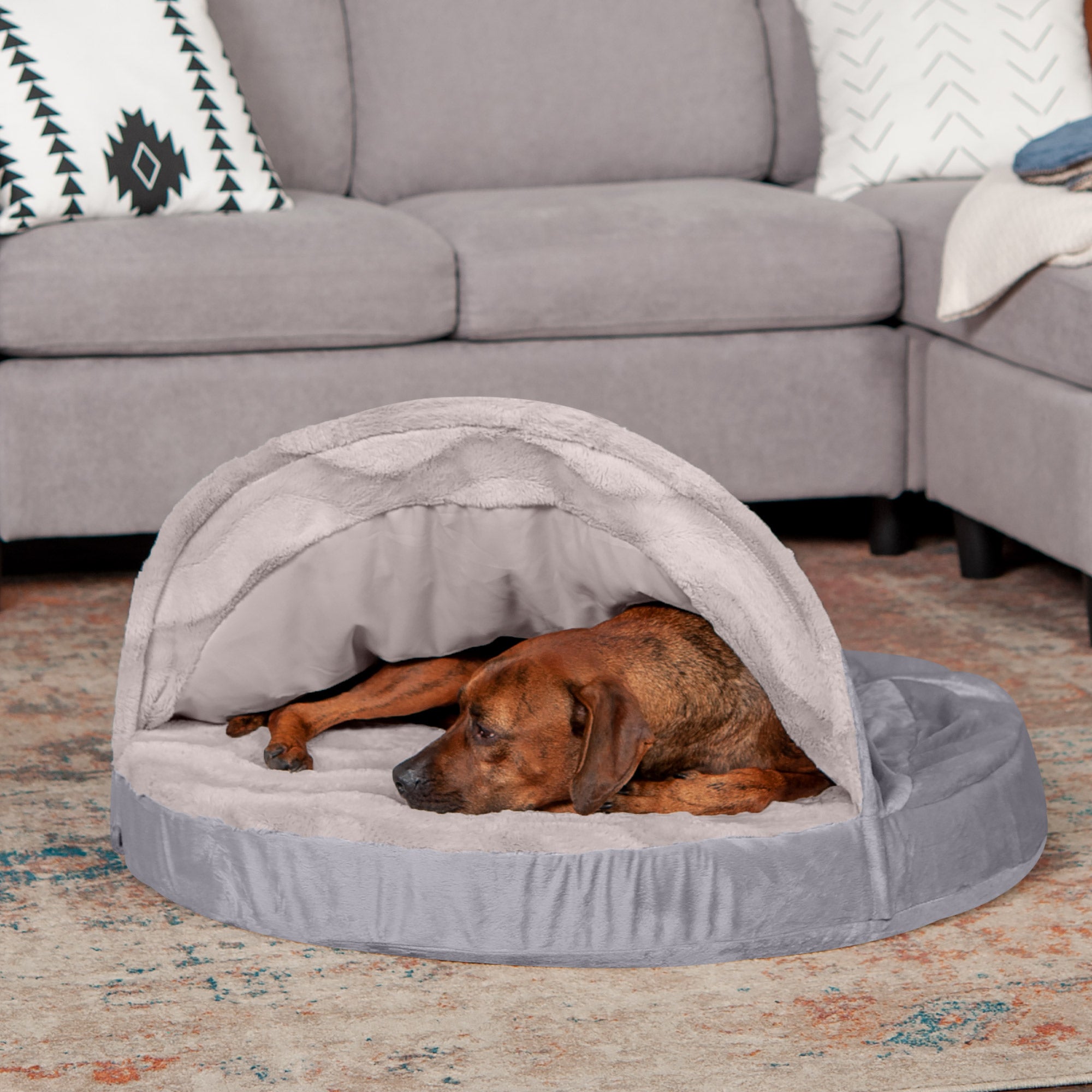 FurHaven | Memory Foam Wave Fur and Velvet Snuggery Burrow Pet Bed for Dogs and Cats， Dark Gray， 35-Inch