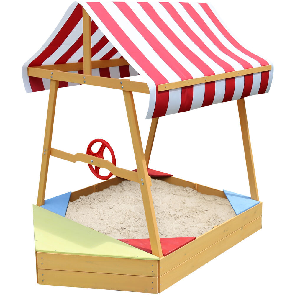 Critter Sitter Children's Wood Sand Box Boat with Red and White Striped Canopy， Wheel， and Bottom Liner - CSSB0103-NAT