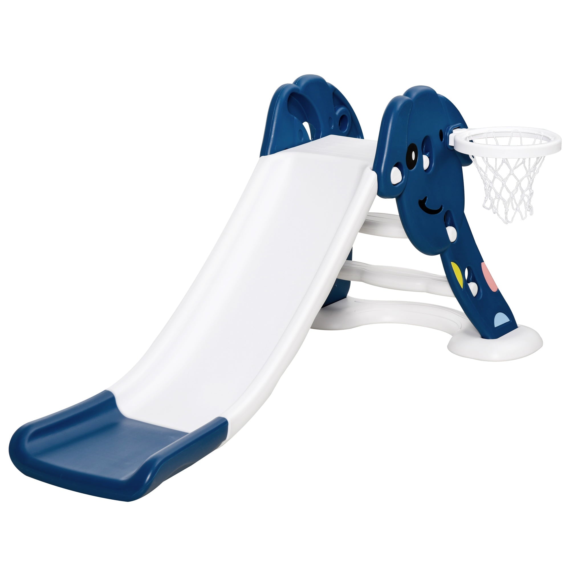 Qaba Indoor/Outdoor Kids Toy Slide with Triangle Design and Basketball Hoop， Blue， Child， HDPE