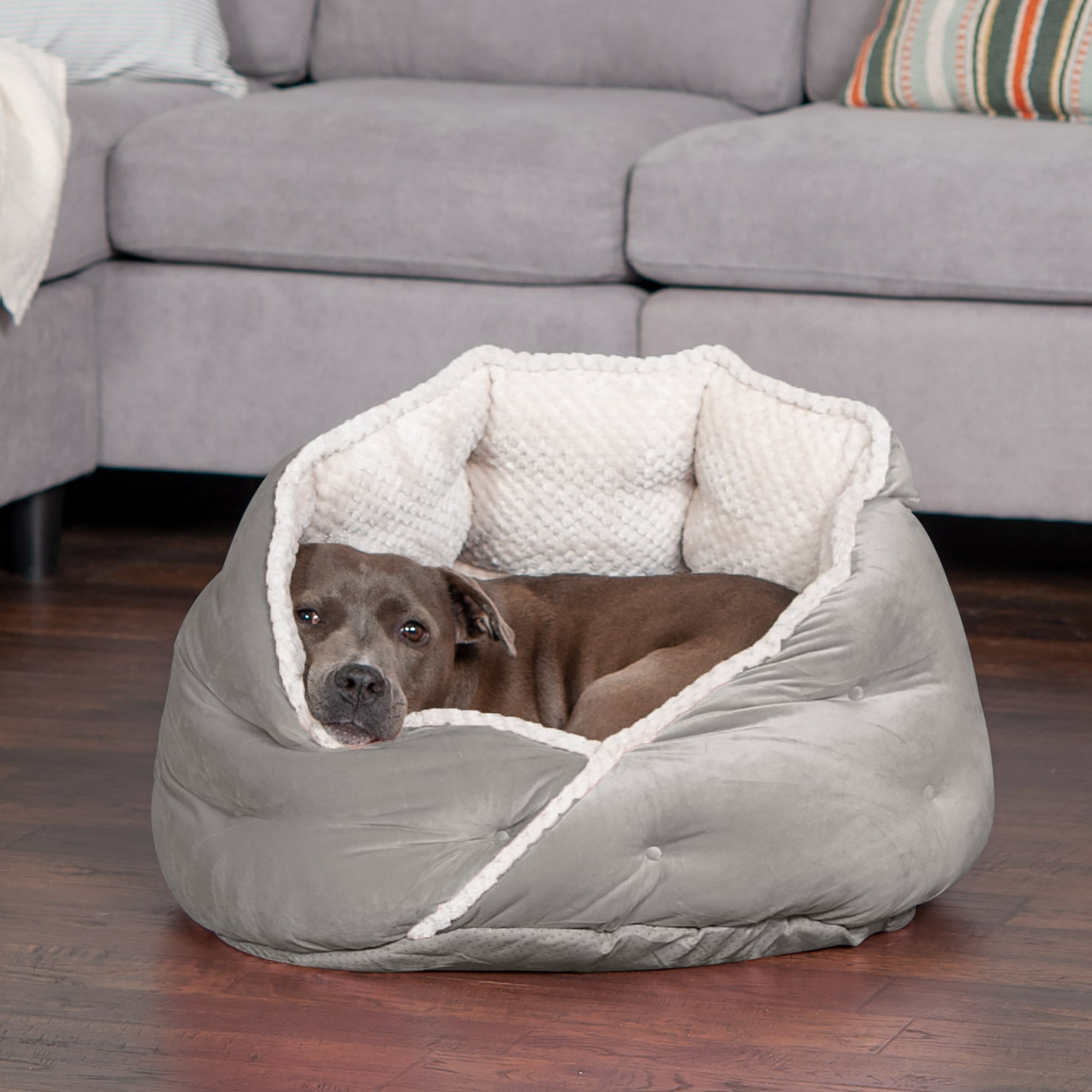 FurHaven | Minky Faux Fur and Velvet Hug Bed for Dogs and Cats， Silver Gray， Medium