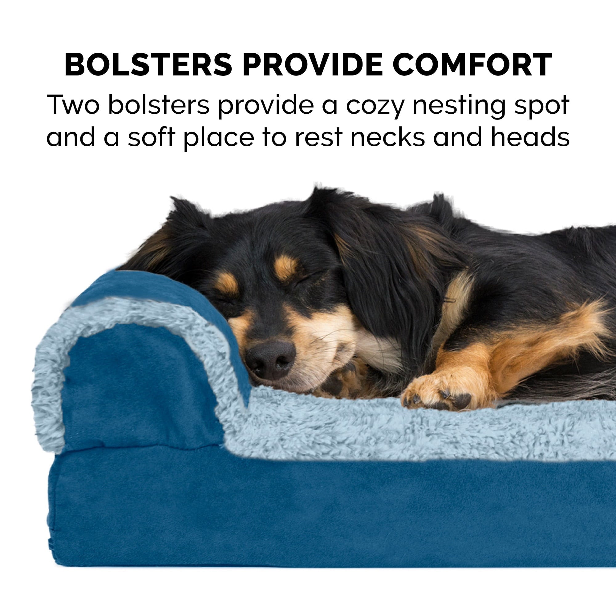 FurHaven | Deluxe Orthopedic Faux Fur and Suede L-Chaise Lounge Pet Bed for Dogs and Cats， Marine Blue， Large