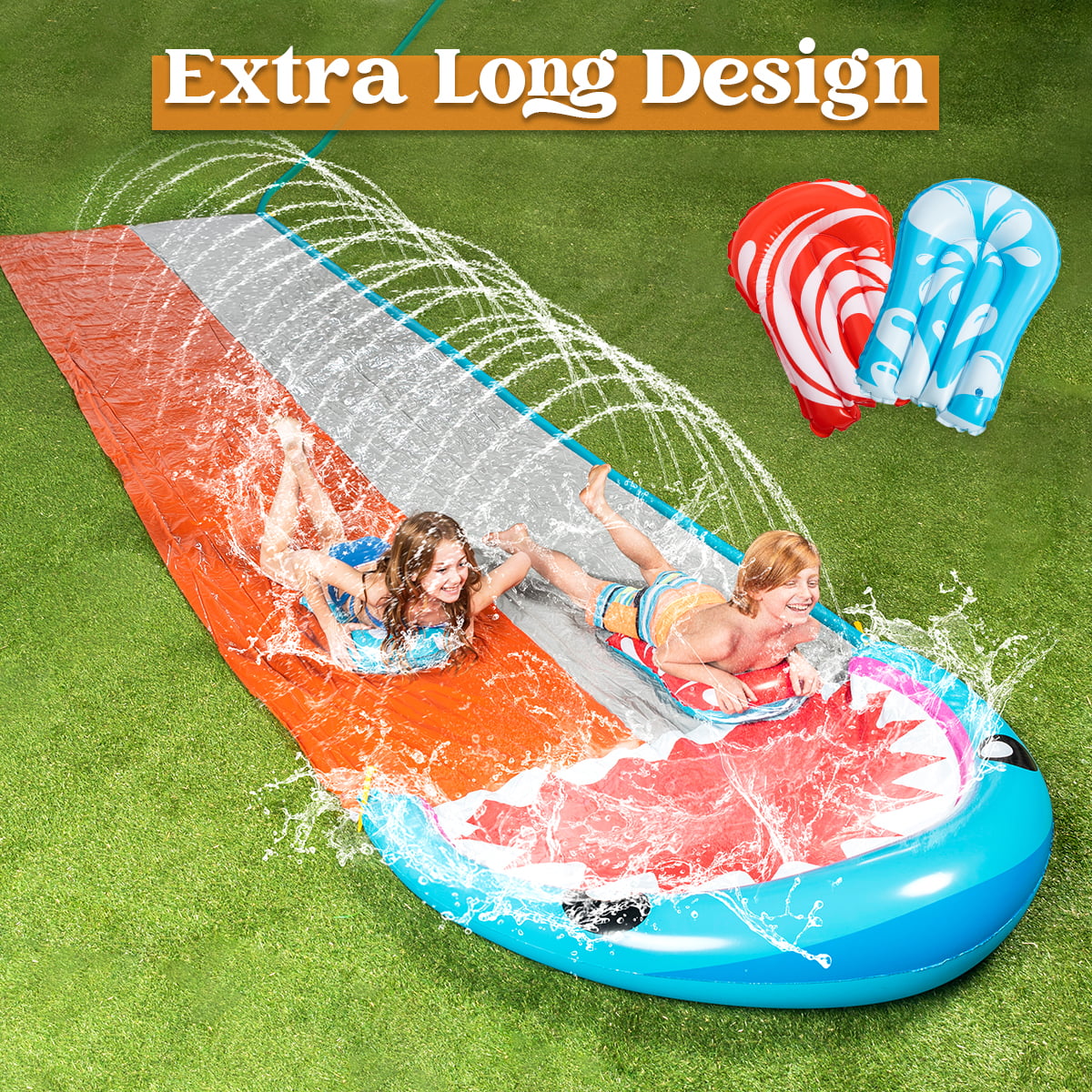Sloosh 21ft Slip Slide 2 Person Deluxe Water Slides with 2 Boogie Boards Backyard Outdoor Waterslide 2 Sliding Racing Lanes with Sprinklers Summer Toy 21ft x 62in, Shark
