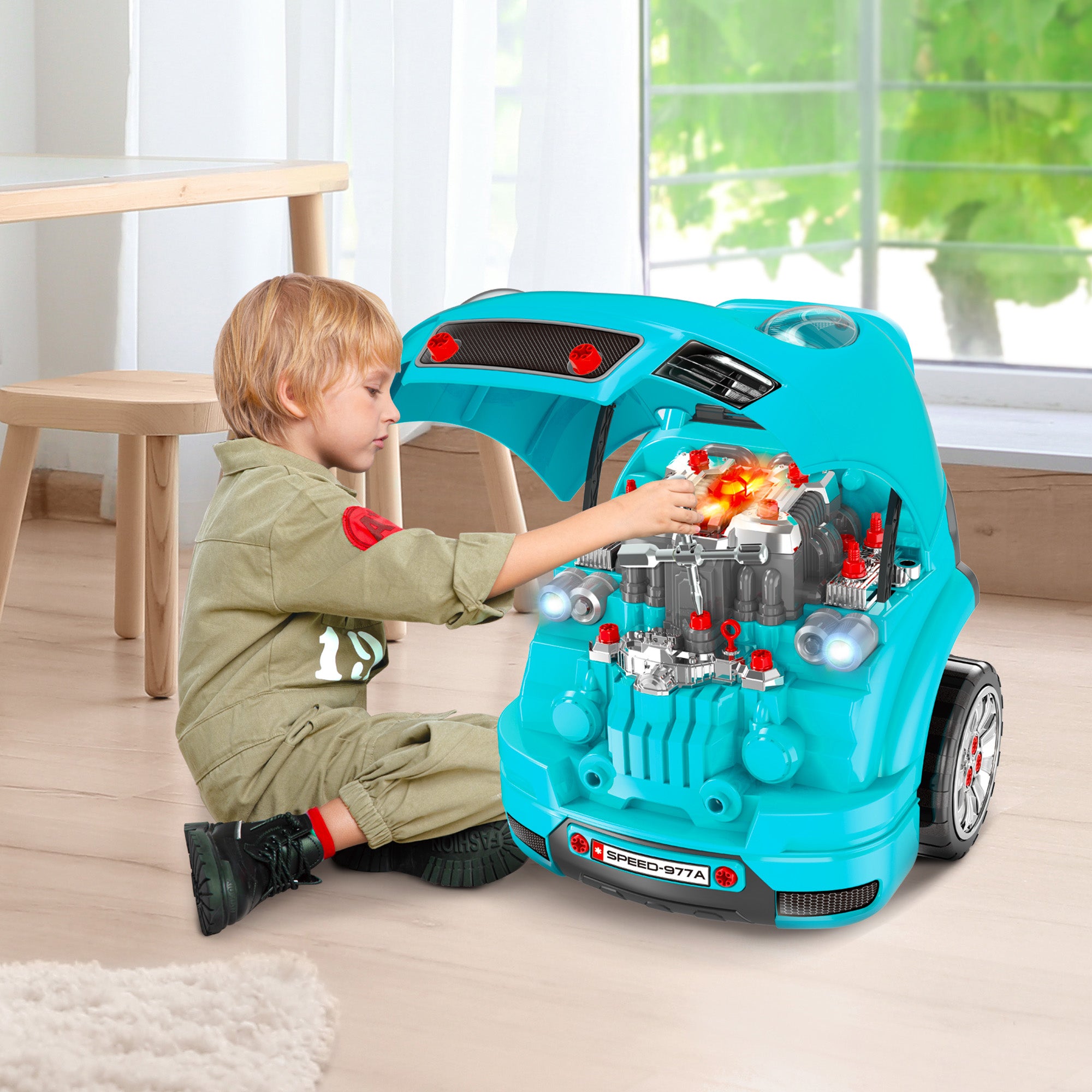 Qaba Truck Engine Maintenance Playset for Kids 61pc Service Station Toy， Teal