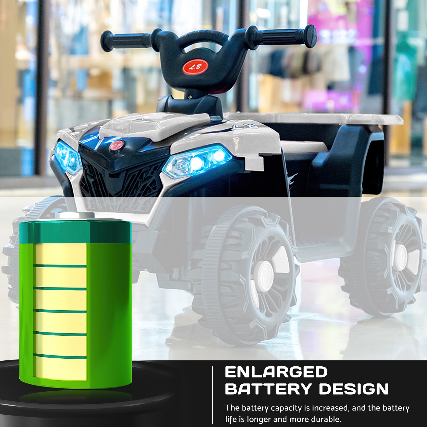 BATE Kids Ride on Toy， Battery Powered 6V 4-Wheeler ATV Quad with Music， LED Lights， White