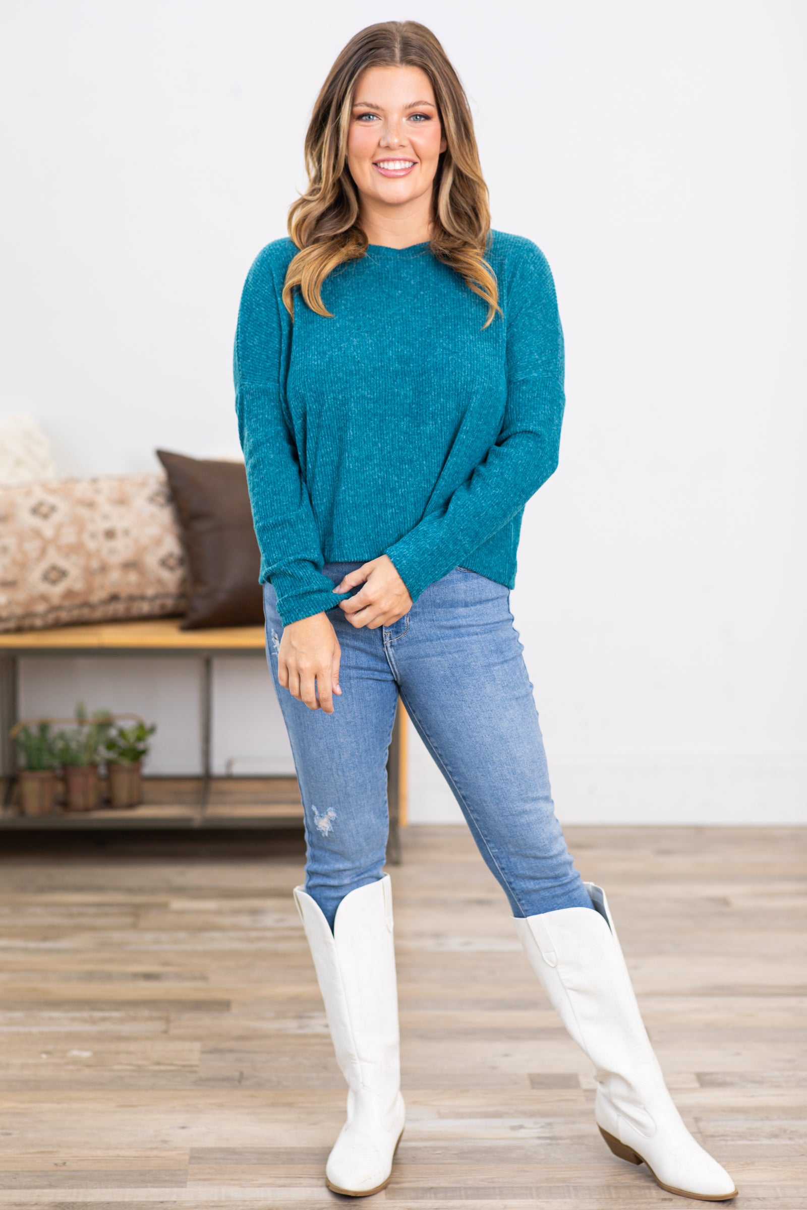 Teal Ribbed Dolman Sleeve Sweater