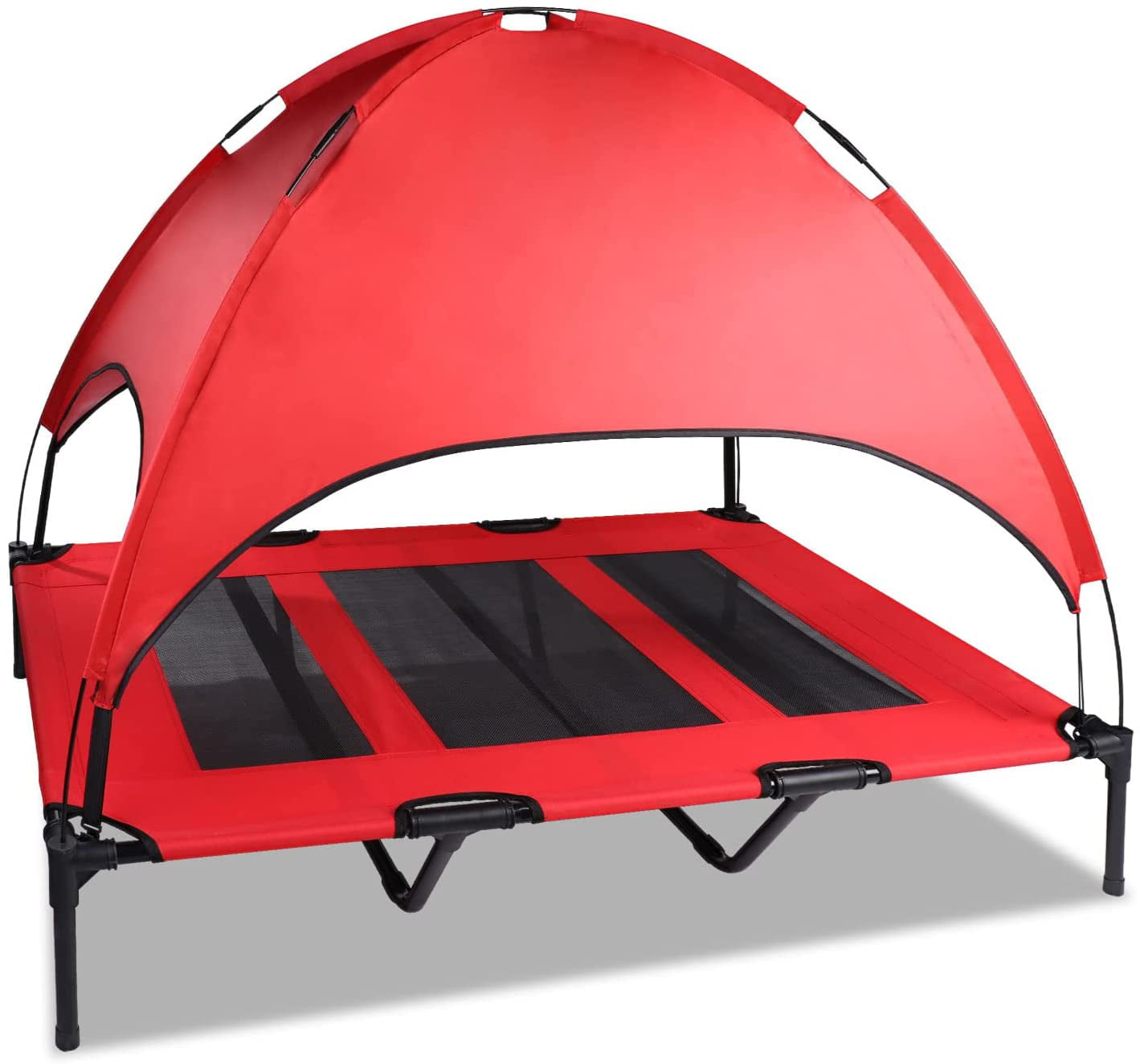 SMONTER Elevated Dog Bed with Canopy， Outdoor Pet Cot with Removable Canopy Shade， Portable Raised Dog Bed with Stable Frame and Breathable Mesh for Small， Medium， Large Dogs， Extra Large， Red