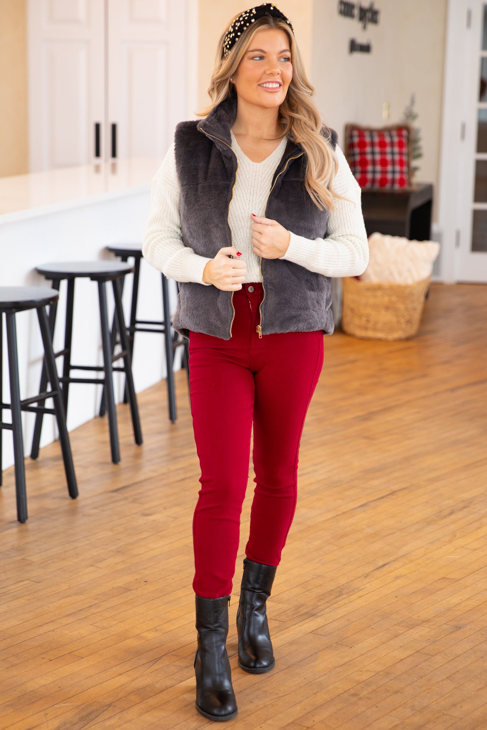 Graphite Faux Fur Full Zip Vest