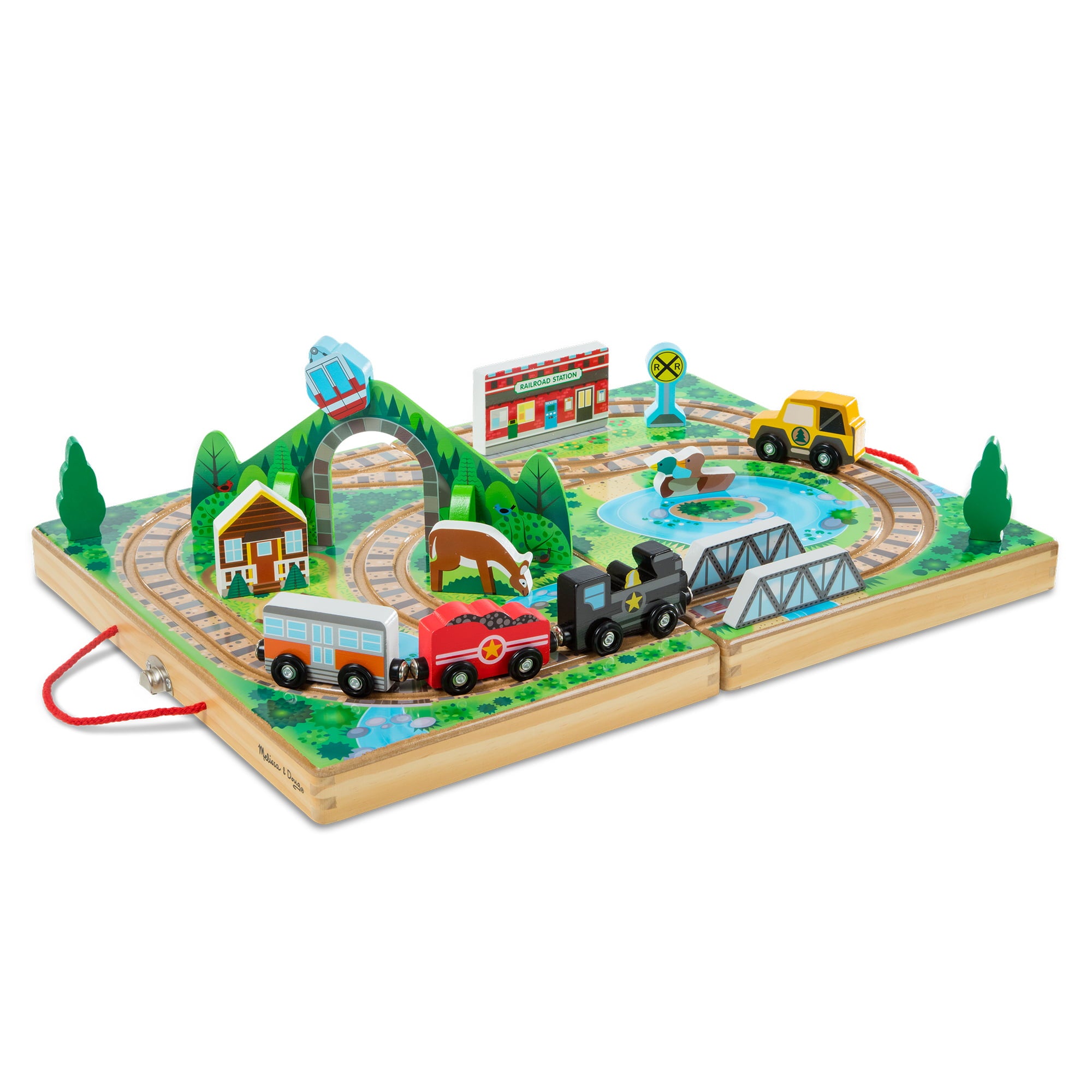 Melissa and Doug 17-Piece Wooden Take-Along Tabletop Railroad， 3 Trains， Truck，Play Pieces， Bridge