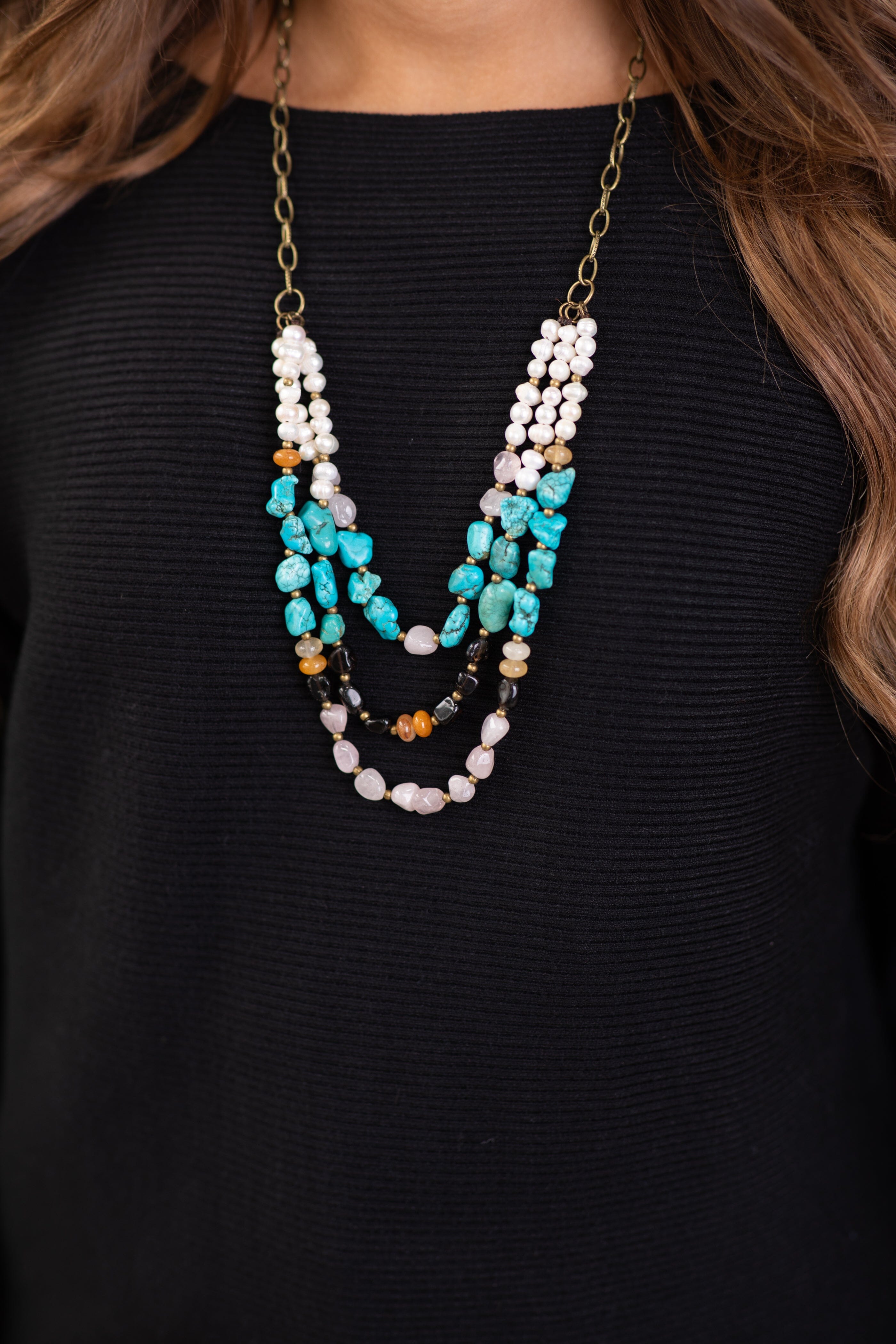 Bronze Chain Link Necklace With Beaded Stones