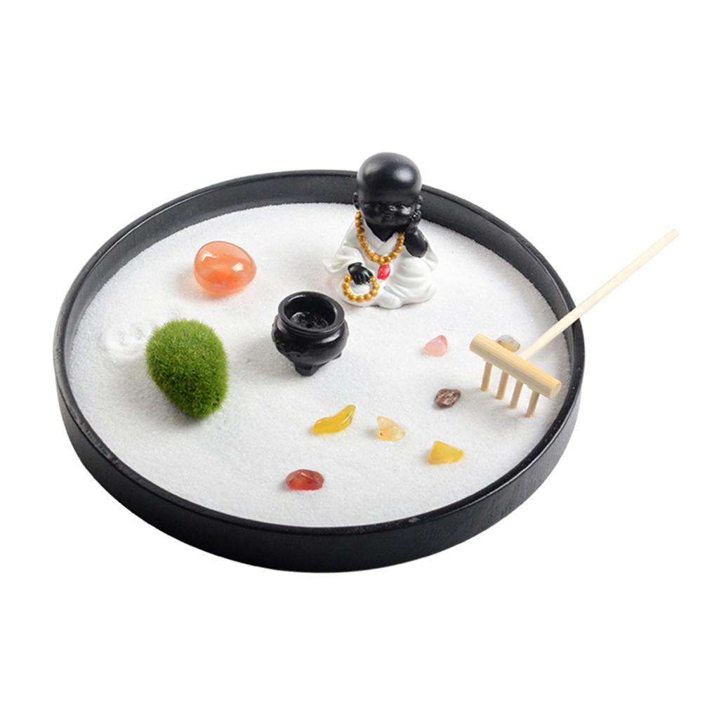 Round Garden W/Figurines Wooden Meditating Sandbox Dia 8.2