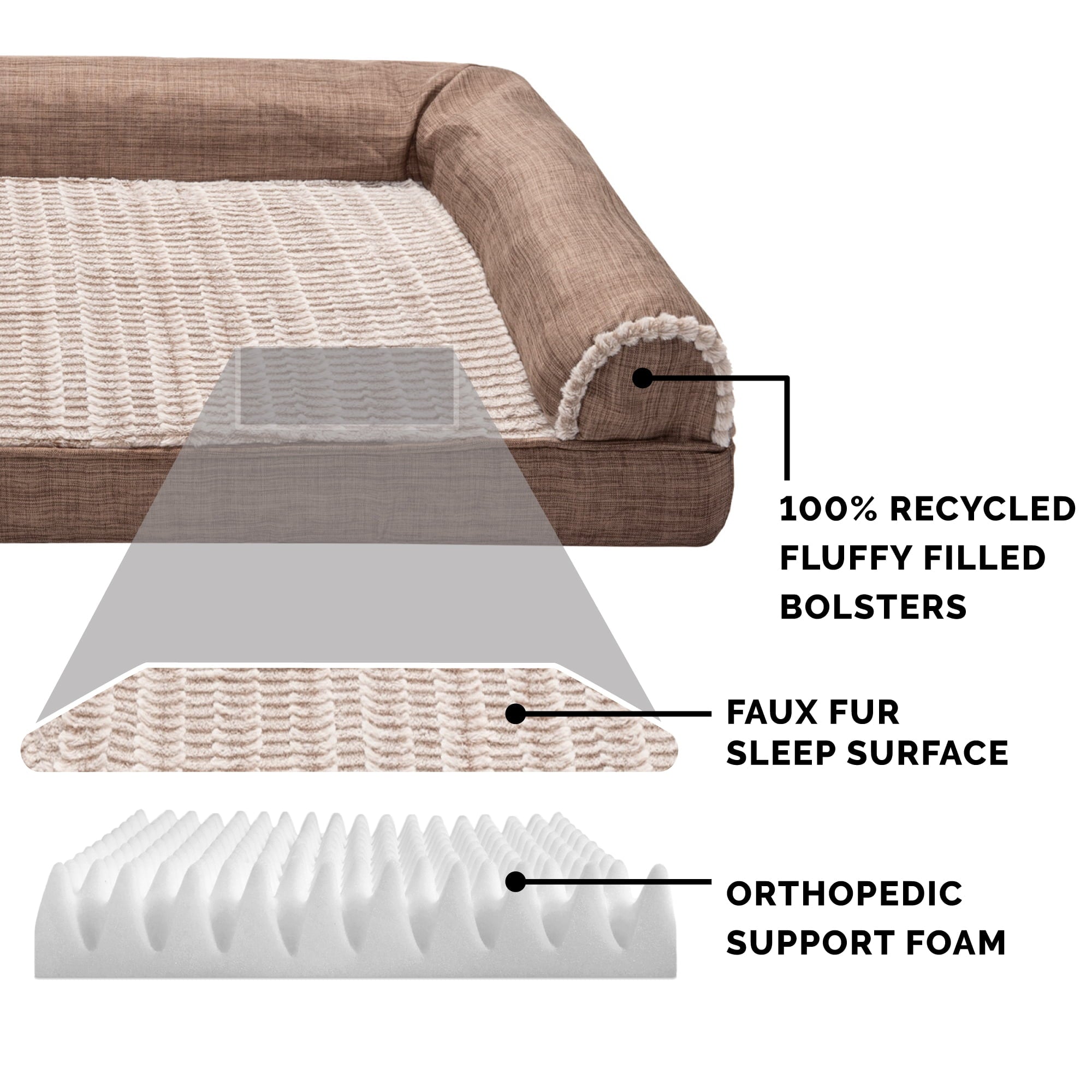 FurHaven | Orthopedic Luxe Fur and Performance Linen Sofa Pet Bed for Dogs and Cats， Woodsmoke， Jumbo