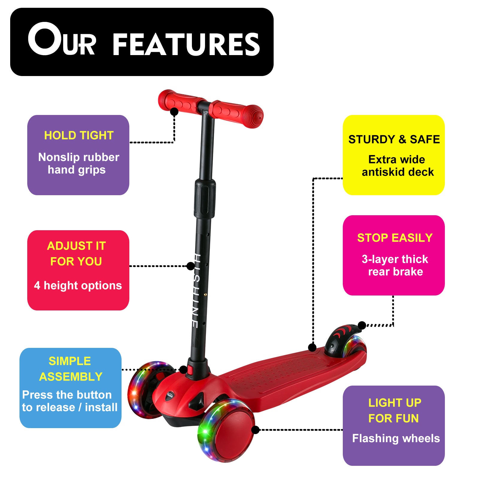 PRINIC 3 wheel kick scooter for kids and toddler 3-5 year old age， boys and girls， adjustable height， lean to steer， light up flashing wheels， wide deck， Red