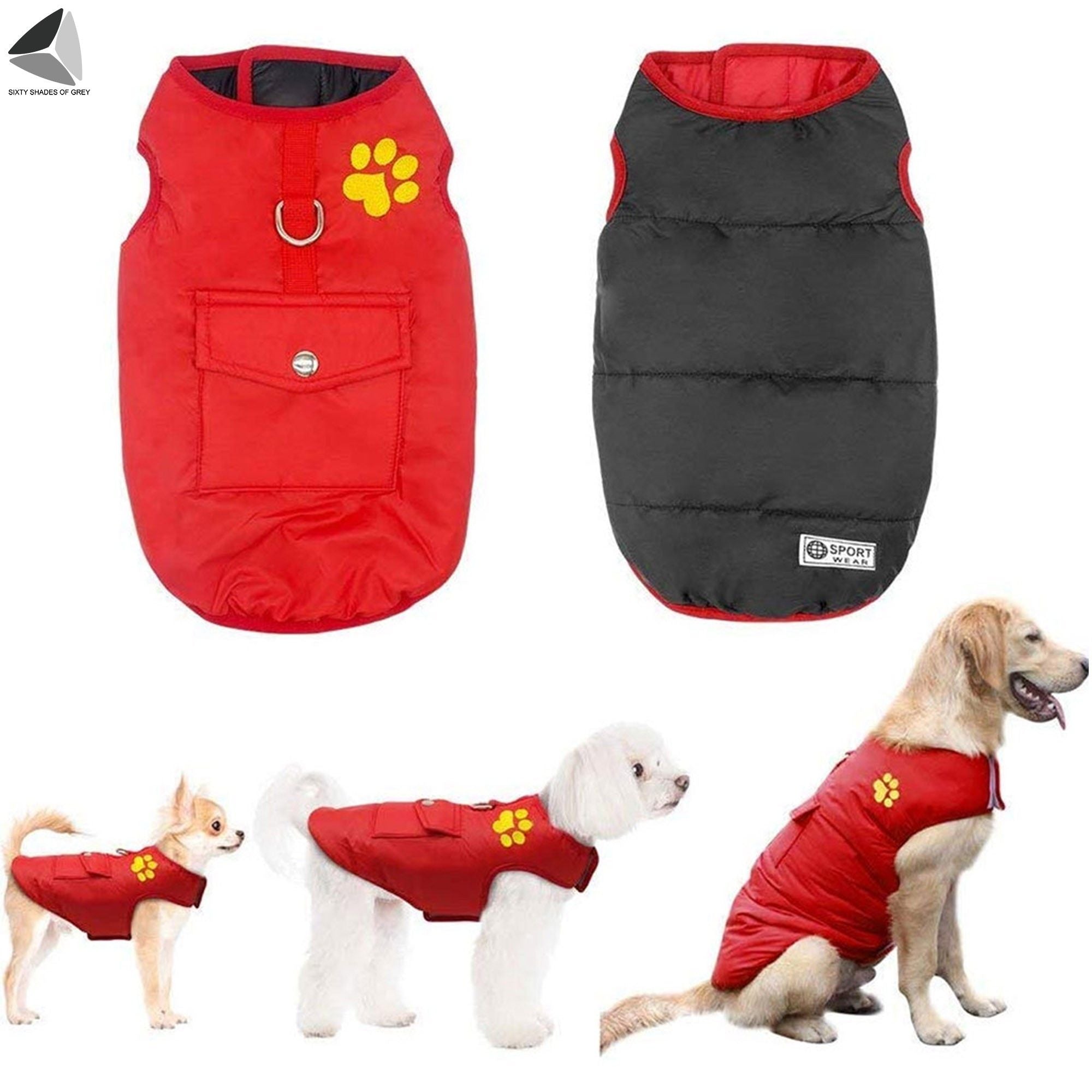 Sixtyshades Winter Windproof Dog Coats Double Sided Waterproof Padded Dog Warm Jackets for Small Medium Large Dogs (L， Red)