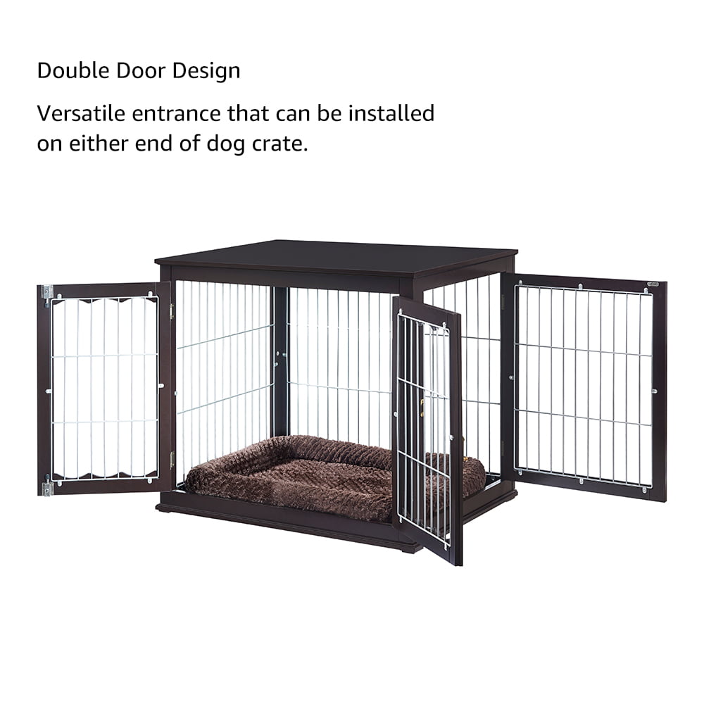 Unipaws Pet Crate Dog Bed End Table with Cushion， Wooden Wire Dog Kennels with Double Doors， Modern Design Dog House， Big Crate Indoor Use， Espresso