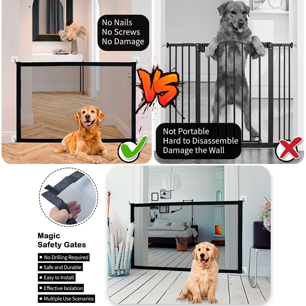 ZPL Dog Gate Pet Gate，43 Inch Portable Mesh Baby Safety Gate Guard Isolated For Indoor and Outdoor， Install Anywhere，Black