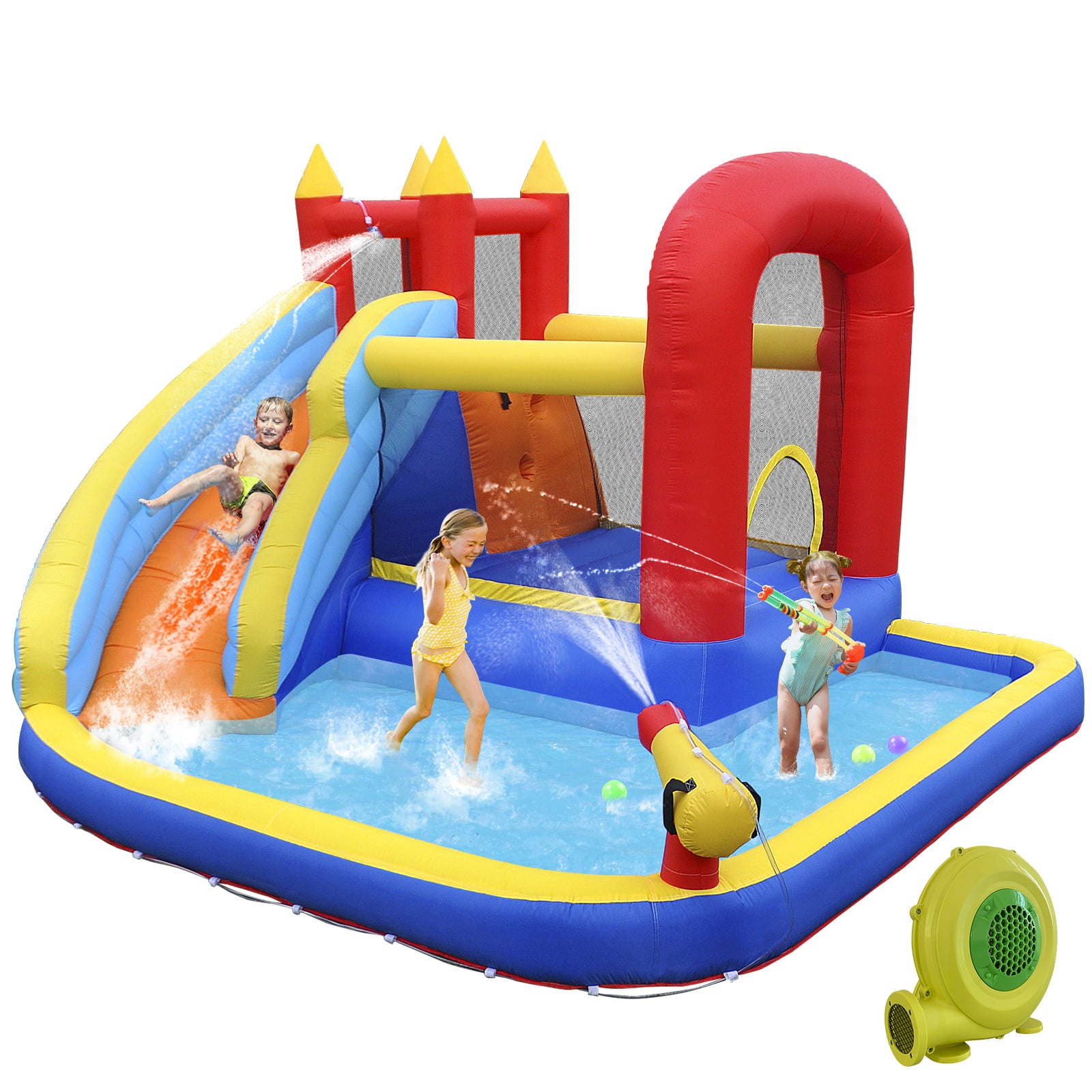 Track 7 Inflatable Water Slide for Kids，Inflatable Bounce House with Waterslide Park，Jumper Slide Playhouse with Splash Pool，Water Cannon，Climbing Wall，Air Blower，Jumping Bouncer for Backyard Outdoor