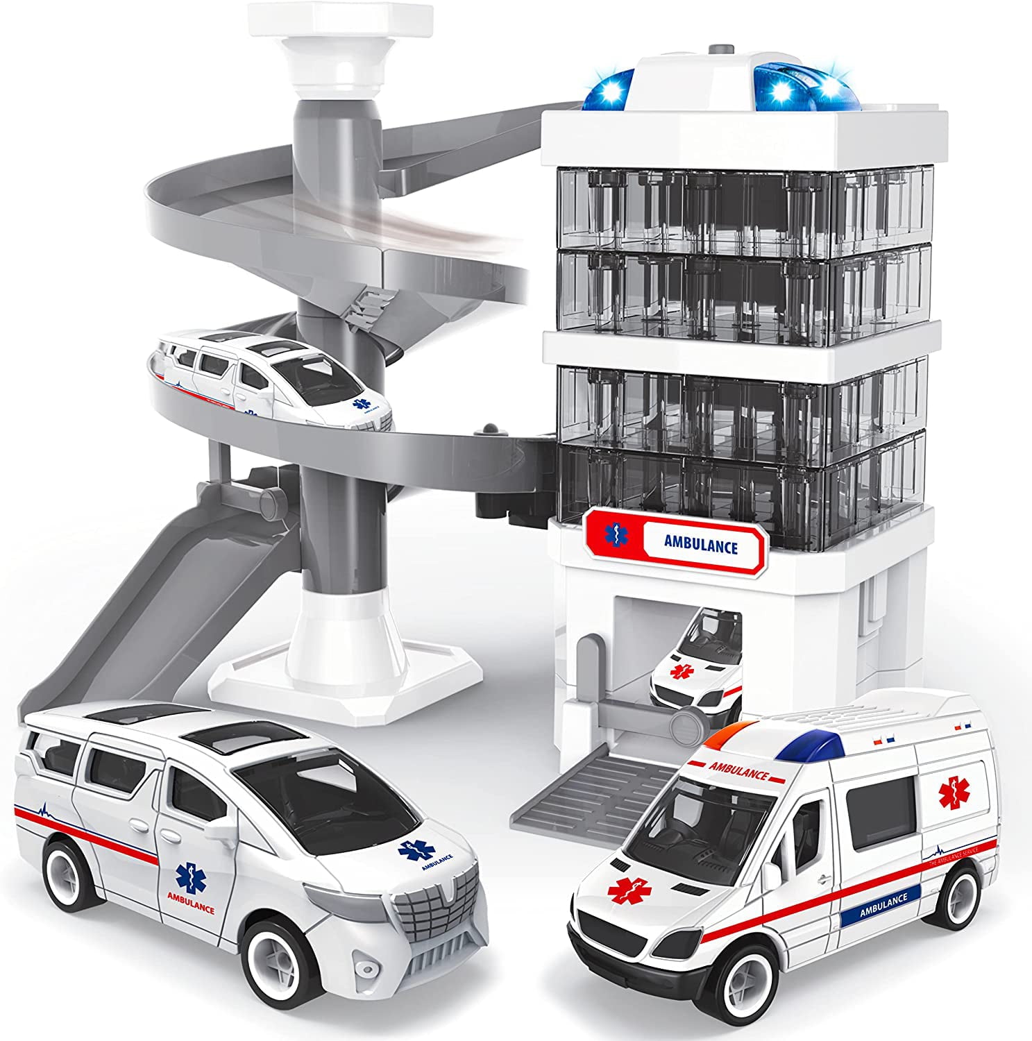 Surnie Car Garage Toy， Car Tracks for Boys with 2 Ambulances and Lights and Sounds， 21 Pcs Kids Toy Car Ramp Rescue Station with Building Instructions， for Toddlers Boys Girls 3+