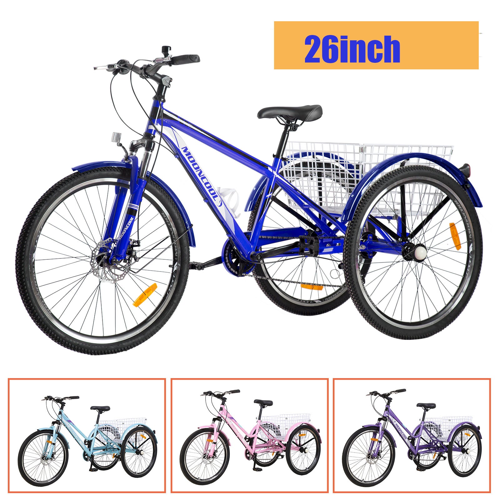 Docred Adult Tricycle， 7 Speed Three Wheel Bike，26 Inch Adults Mountain Trikes for Seniorsandkids with Shopping Basket