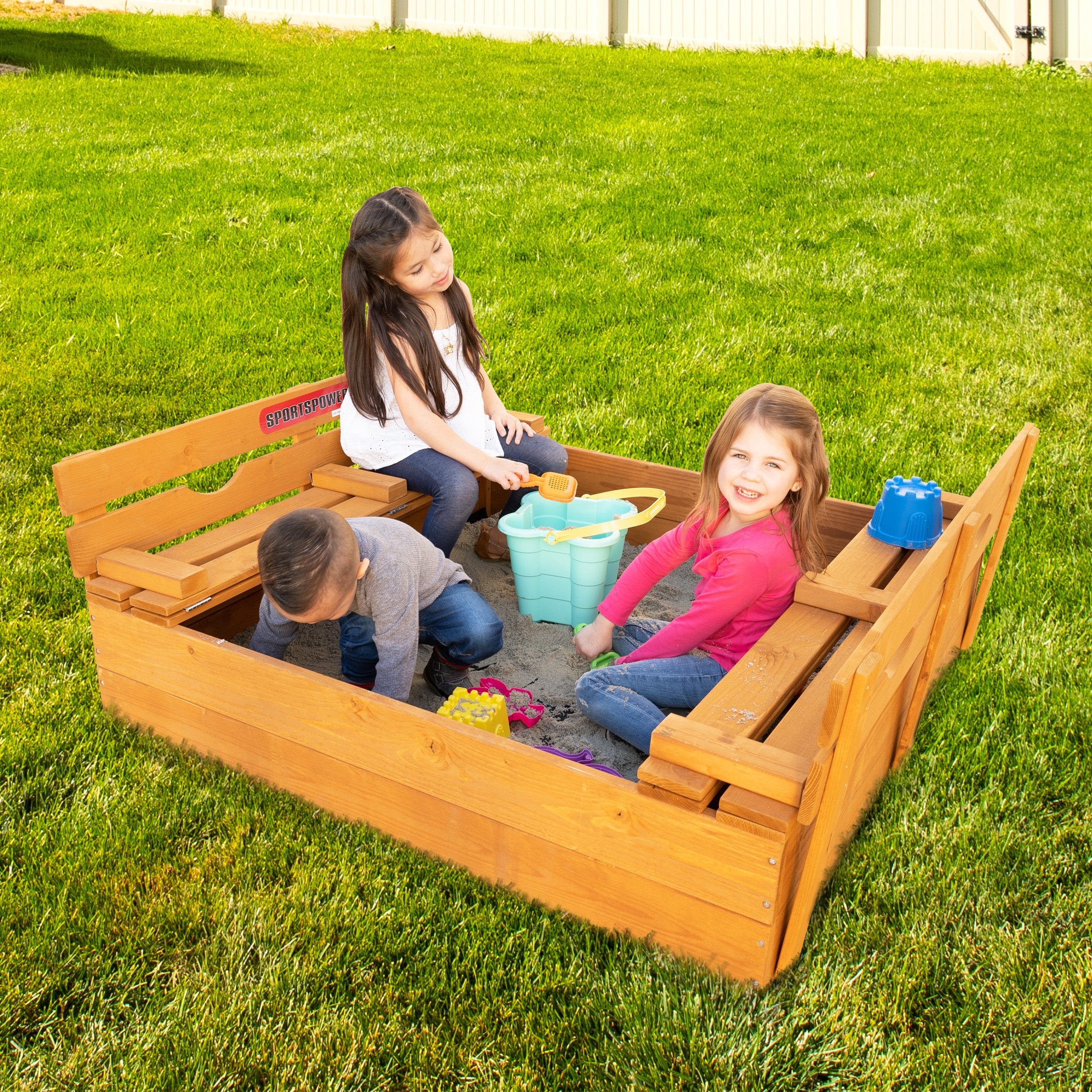 Sportspower 4.2’ x 4’ Rectangular Sandbox with 2 Wooden Bench and Ground Liner