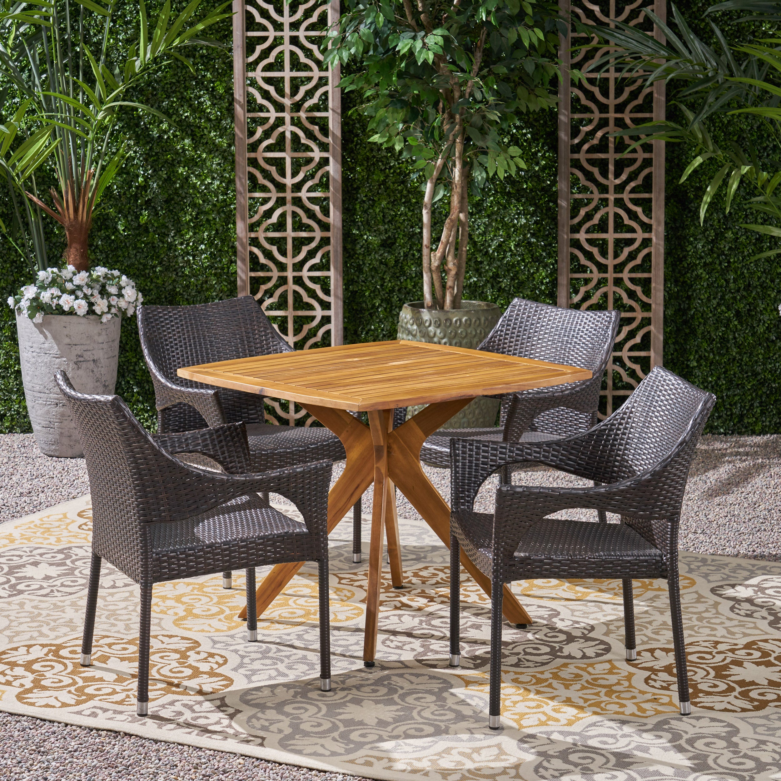 Declan Outdoor 5 Piece Wood and Wicker Dining Set
