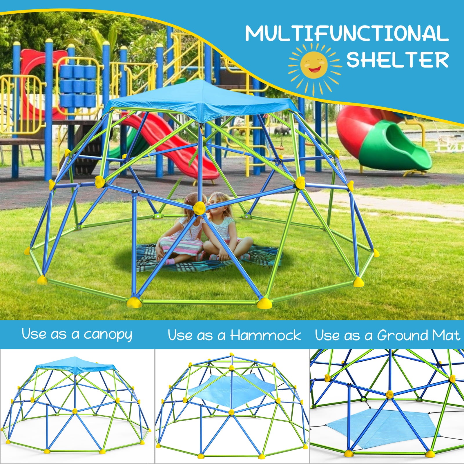 GIKPAL J ungle Gym， 10FT Dome Climber with Canopy for Kids 3 to 10 Outdoor Play Center， Supporting 1000lbs Rugged and Interesting Dome Climber Playground Equipment， Blue+Green