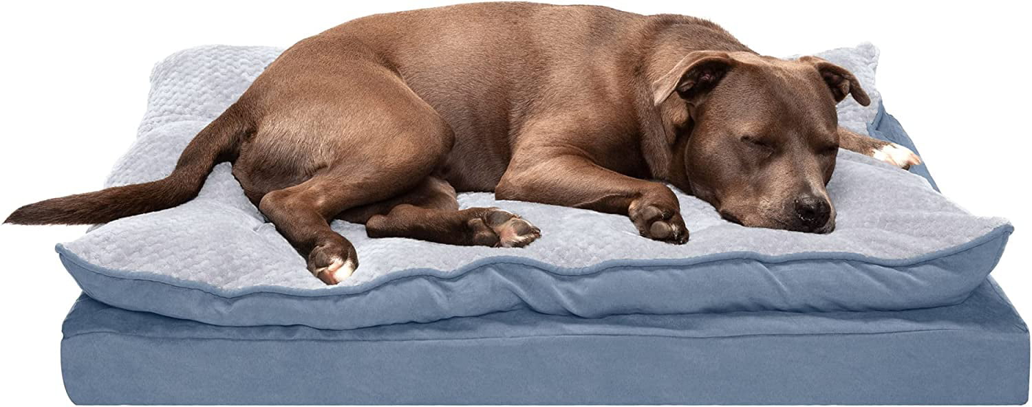 Furhaven Large Orthopedic Dog Bed Minky Plush and Suede Pillow Top Mattress w/ Removable Washable Cover - Stonewash Blue， Large Pillow Top - Minky Plush and Suede (Stonewash Blue) Large Orthopedic Foam