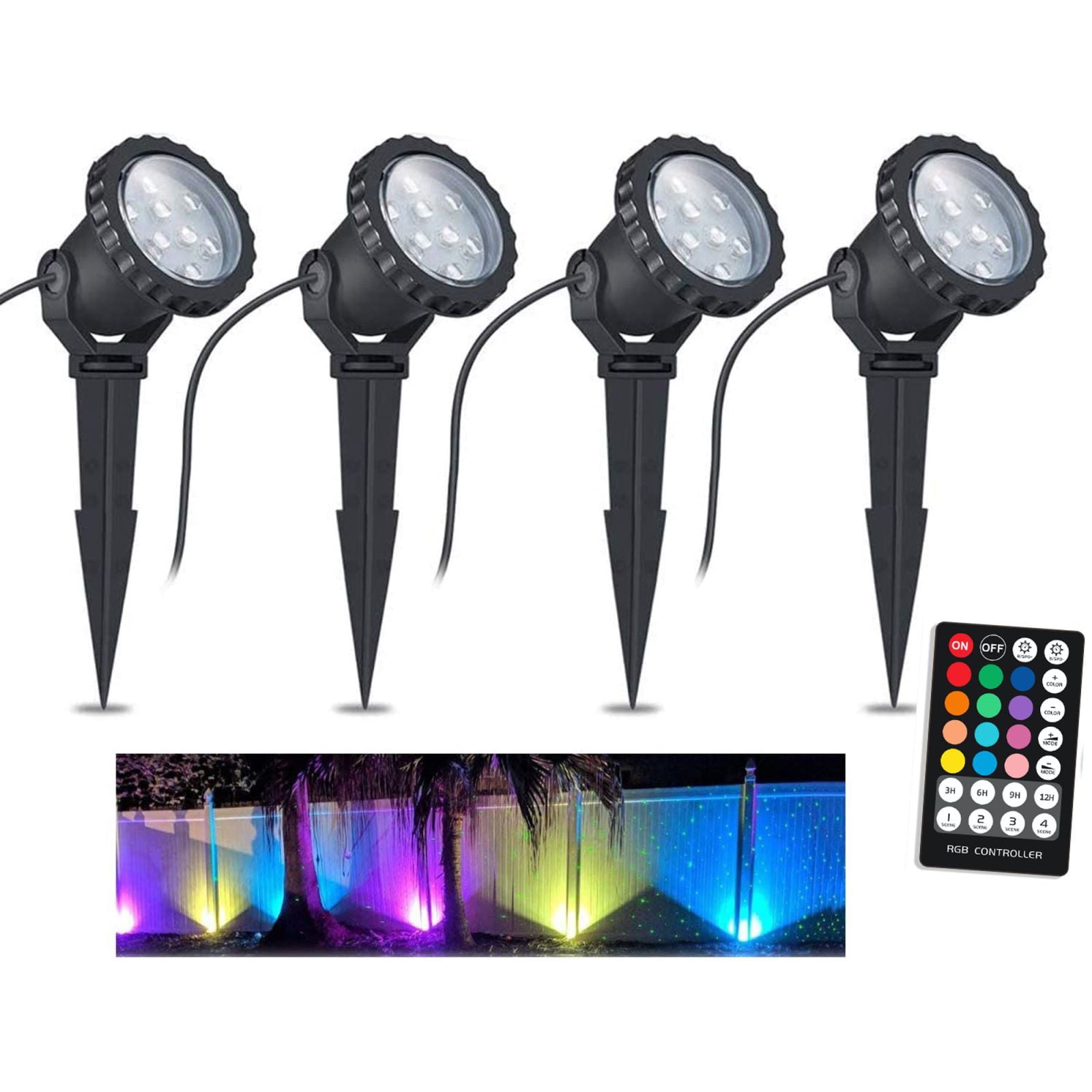 VOCOCIDOL Color Changing LED Landscape Lights 12W Landscape Lighting IP66 Waterproof LED Garden Pathway Lights Walls Trees Outdoor Spotlights with Spike Stand， Outdoor Landscaping Lights， 4 Pack