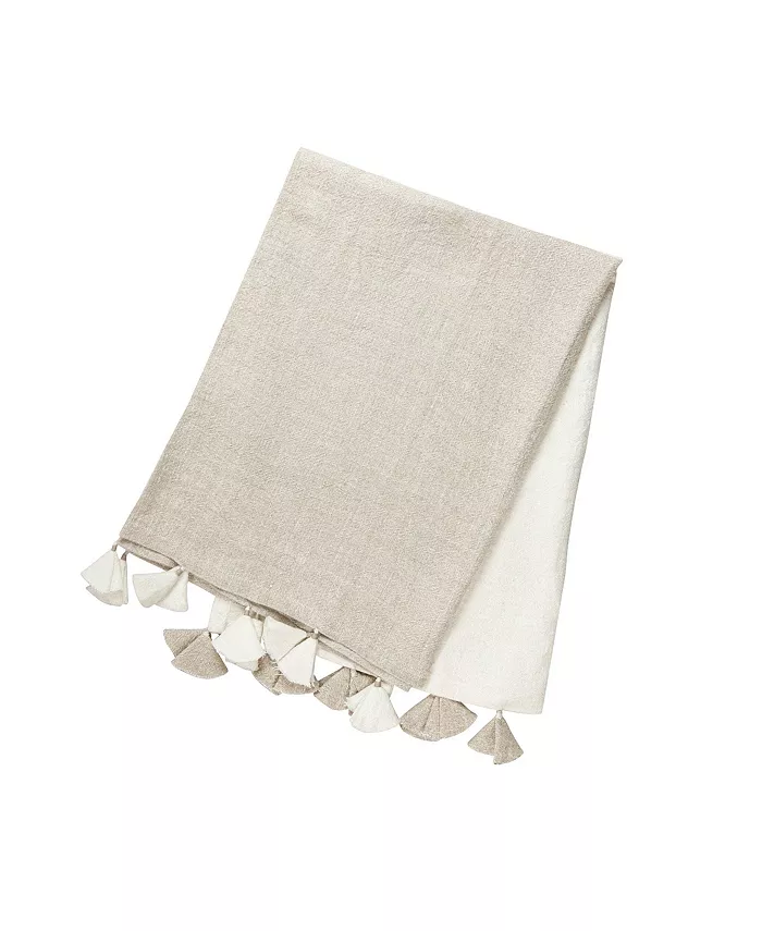 Anaya Home Natural Beige Colorblocked Linen Blanket With Tassels
