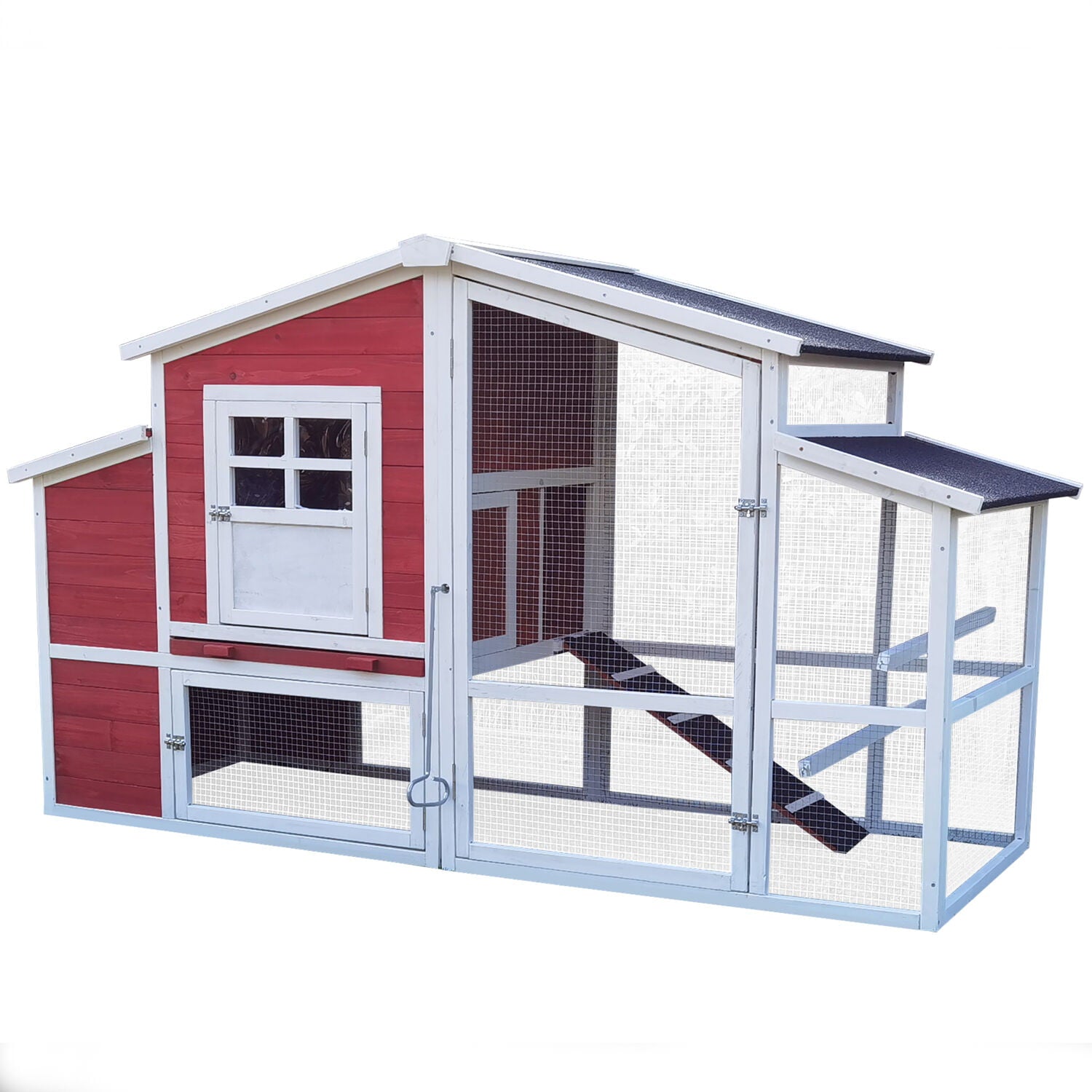 Hanover Outdoor Elevated Wooden Chicken Coop with Ramp， Wire Mesh Run， Waterproof Roof， Removable Tray， and External Door- HANCC0105-RED