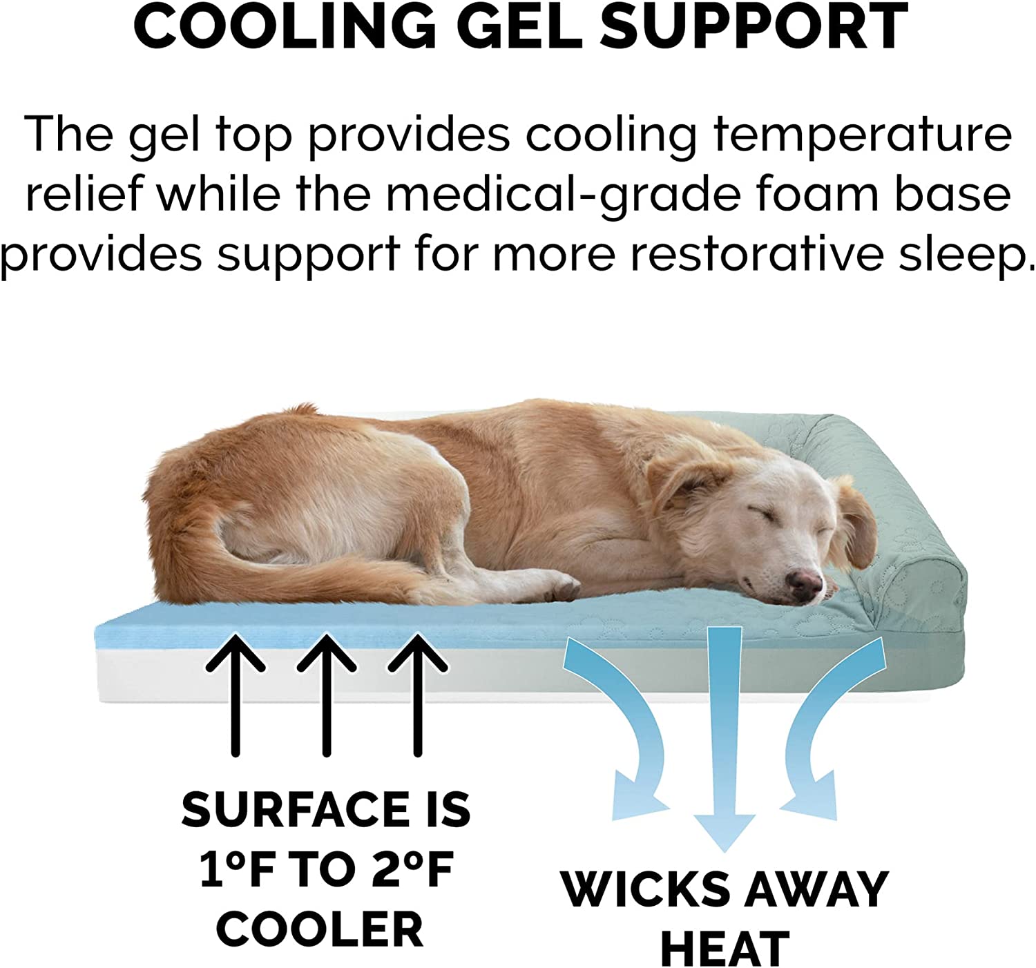 Furhaven XL Cooling Gel Foam Dog Bed Pinsonic Quilted Paw L Shaped Chaise w/ Removable Washable Cover - Iceberg Green， Jumbo (X-Large) Cooling Gel Foam Jumbo L Chaise - Quilted Paw (Iceberg Green)