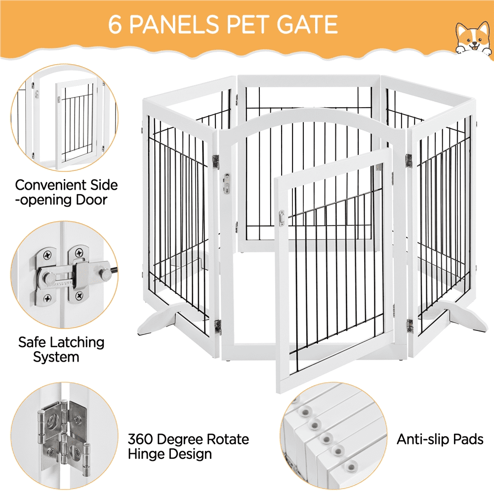 Topeakmart Topeakmart 34″H 6-Panel Foldable Pet Gate Puppy Safety Fence with Door for Dogs， White