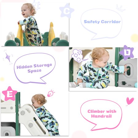 CHURANTY Kids Slide Playset Structure Indoor ， Castle Climber with Slide and Basketball Hoop，  Kids Climbers Playhouse for Outdoor Playground Activity，Toy Storage Organizer for Toddlers， Green