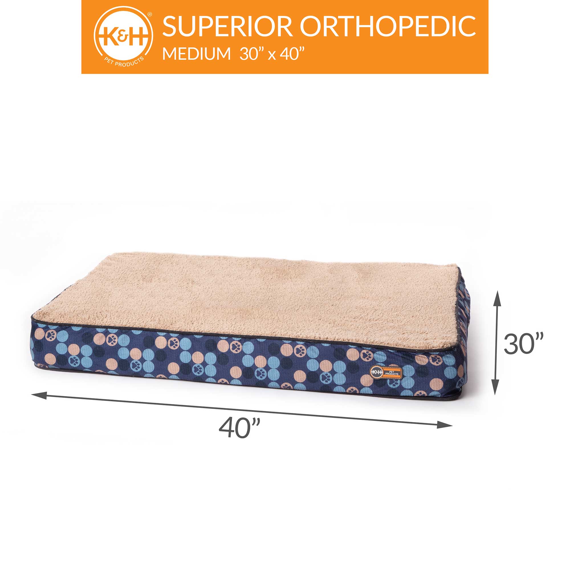 KandH Pet Products Superior Orthopedic Dog Bed Navy/Paw Medium 30 X 40 Inches