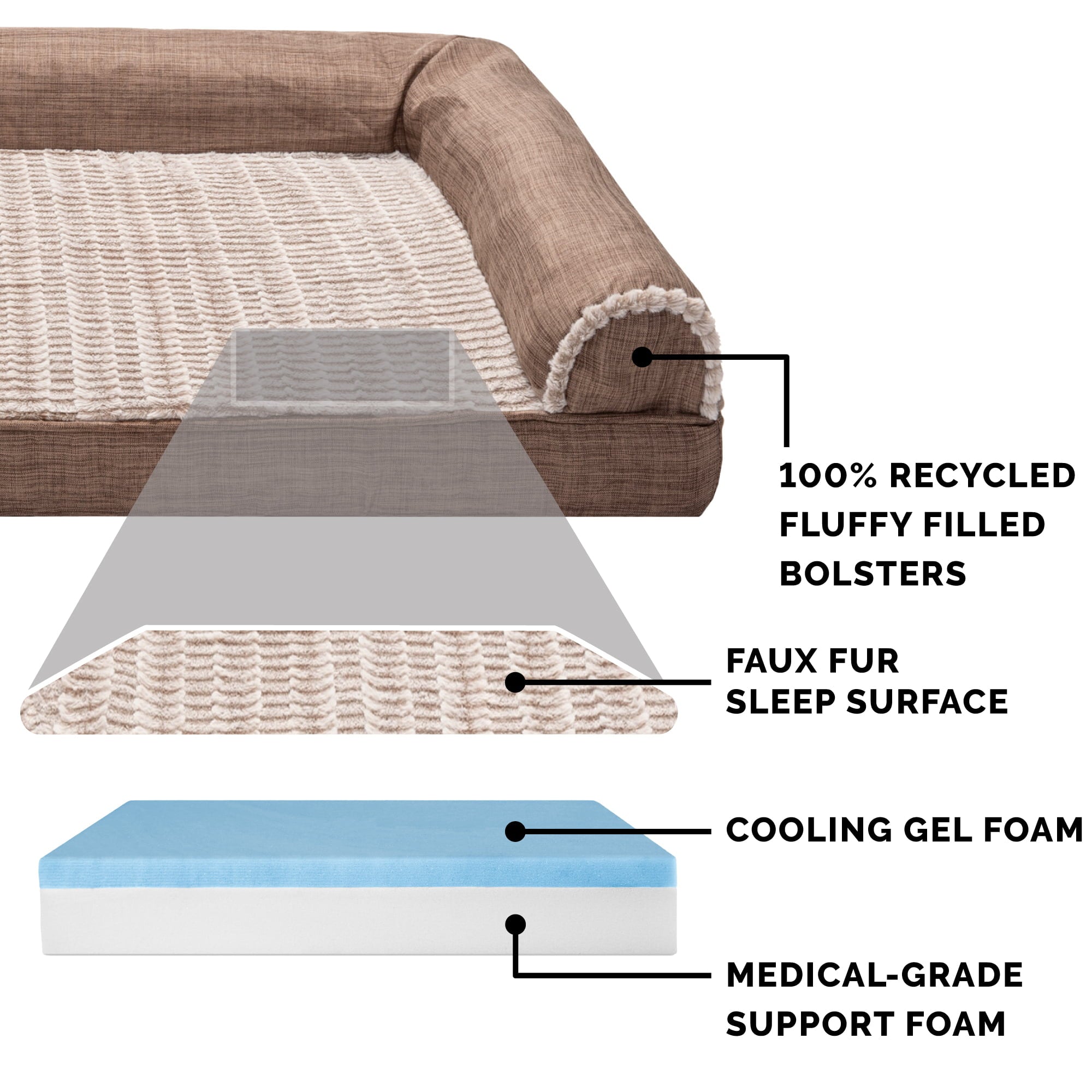 FurHaven Pet Products | Cooling Gel Memory Foam Orthopedic Luxe Fur and Performance Linen Sofa-Style Pet Bed for Dogs and Cats， Woodsmoke， Jumbo Plus