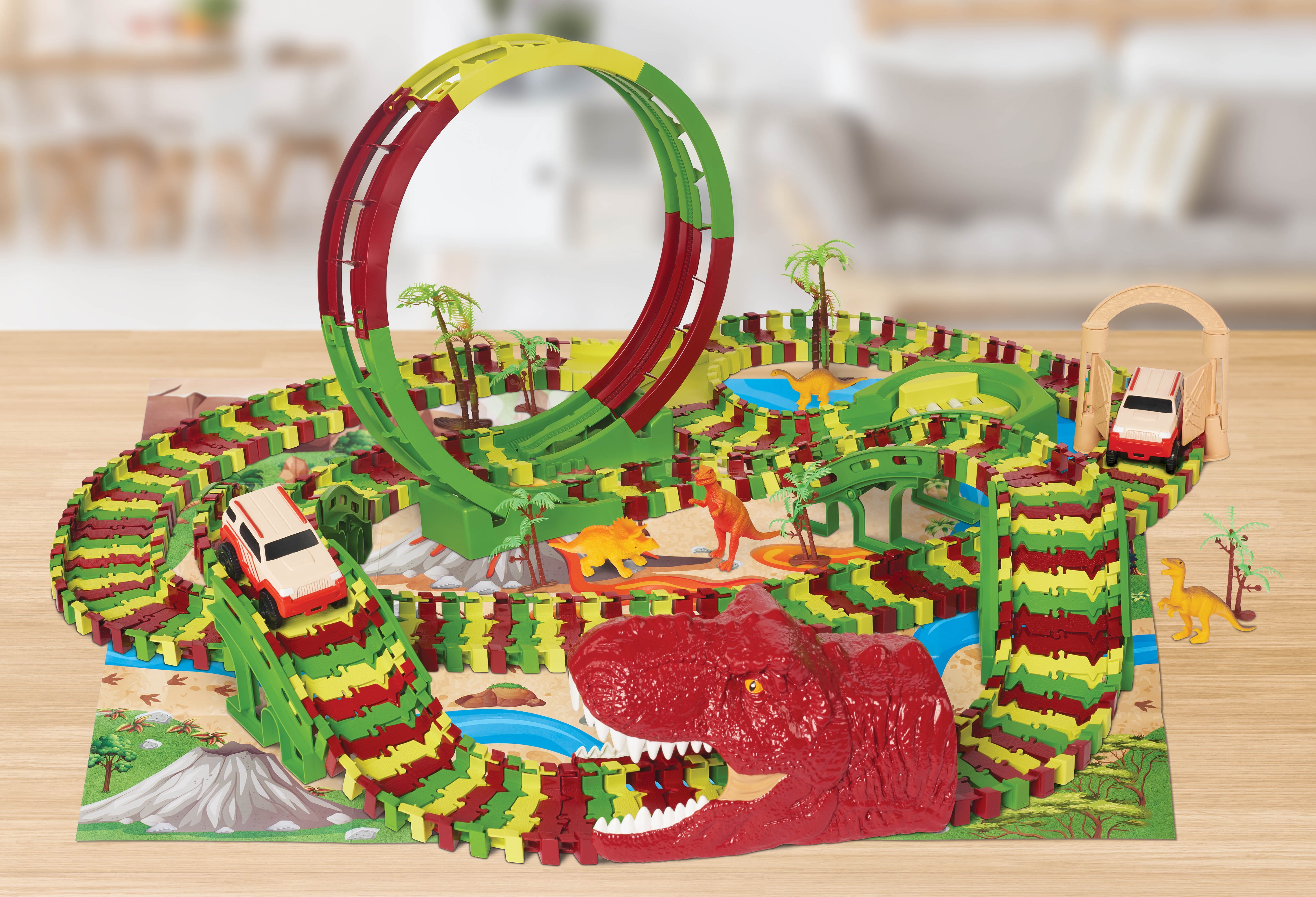 Kid Connection Dinosaur Park Vehicle Track Set， 282 pieces， Flexible Race Track， Motorized Vehicles， and Dinosaurs Included