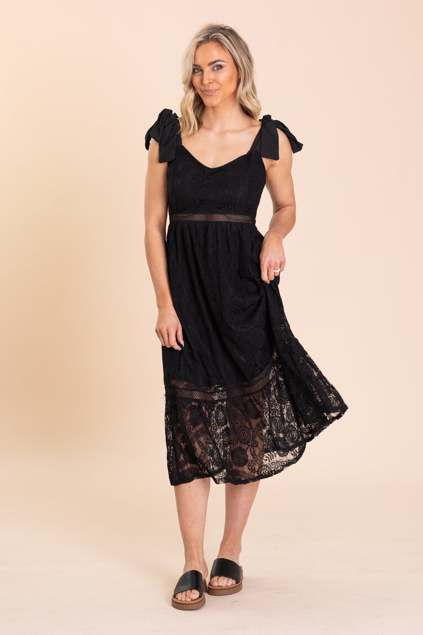 Black Lace Tie Strap Sheer Trim Midi Dress