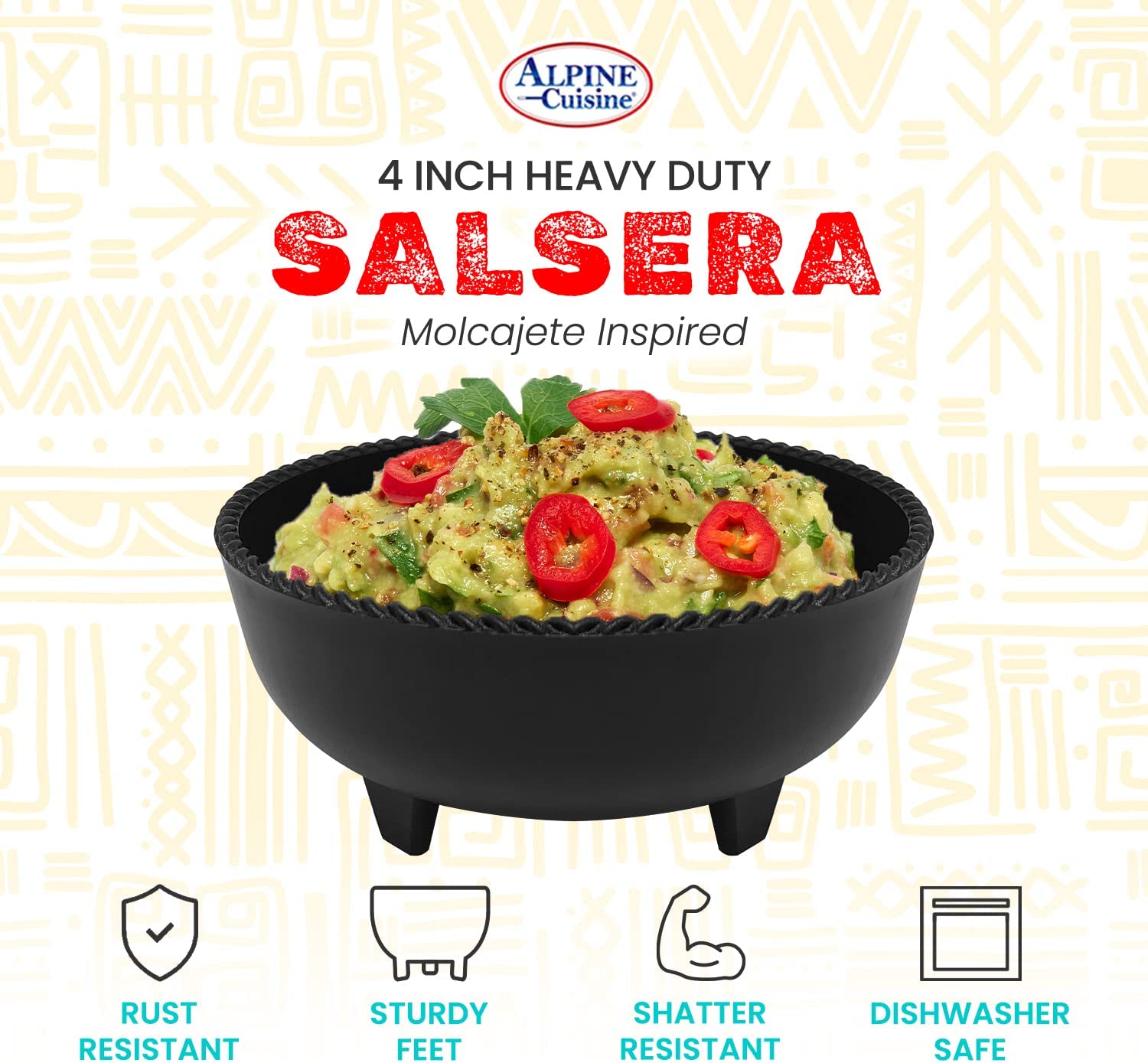 Alpine Cuisine Small Salsa Bowls (Molcajete) 4in/12cm， High-Quality and Food Grade Plastic Material， Heavy Duty and Easy to Clean， Multi-Purpose Salsa Bowl for Serving， Durable and Dishwasher Safe