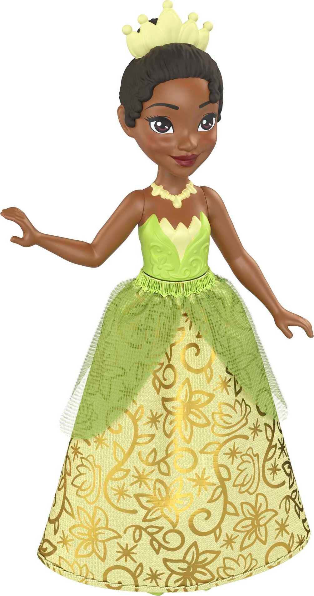 Disney Princess Tiana Small Doll with Brown Hair & Brown Eyes, Signature Look Green & Golden Gown
