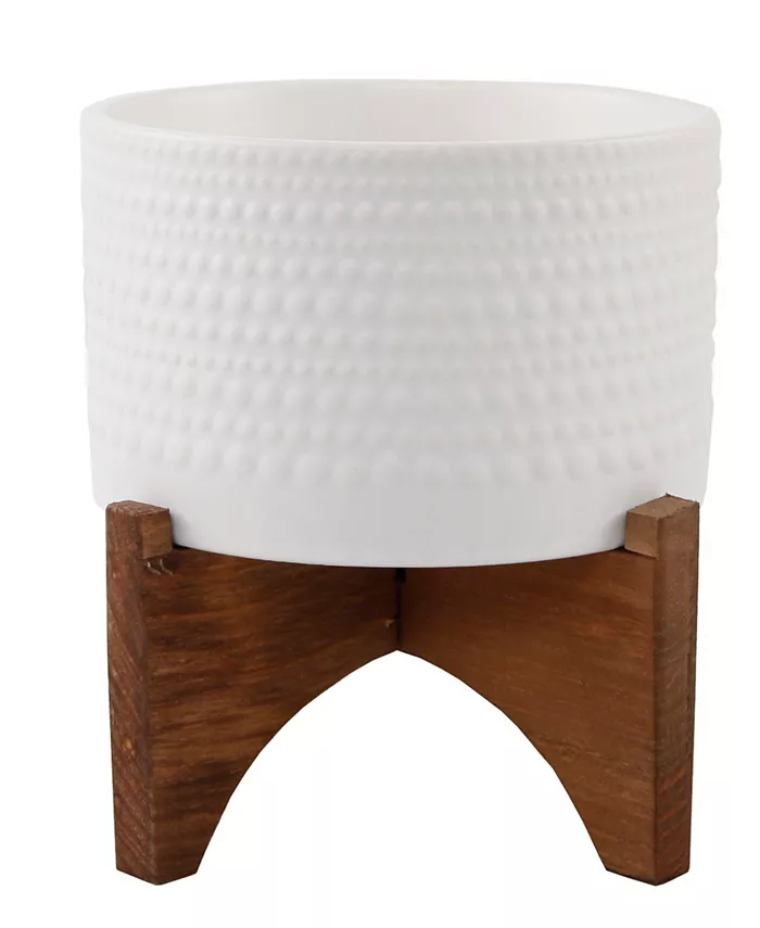 Flora Bunda Hobnail Ceramic Planter on Wood Stand， 6.25