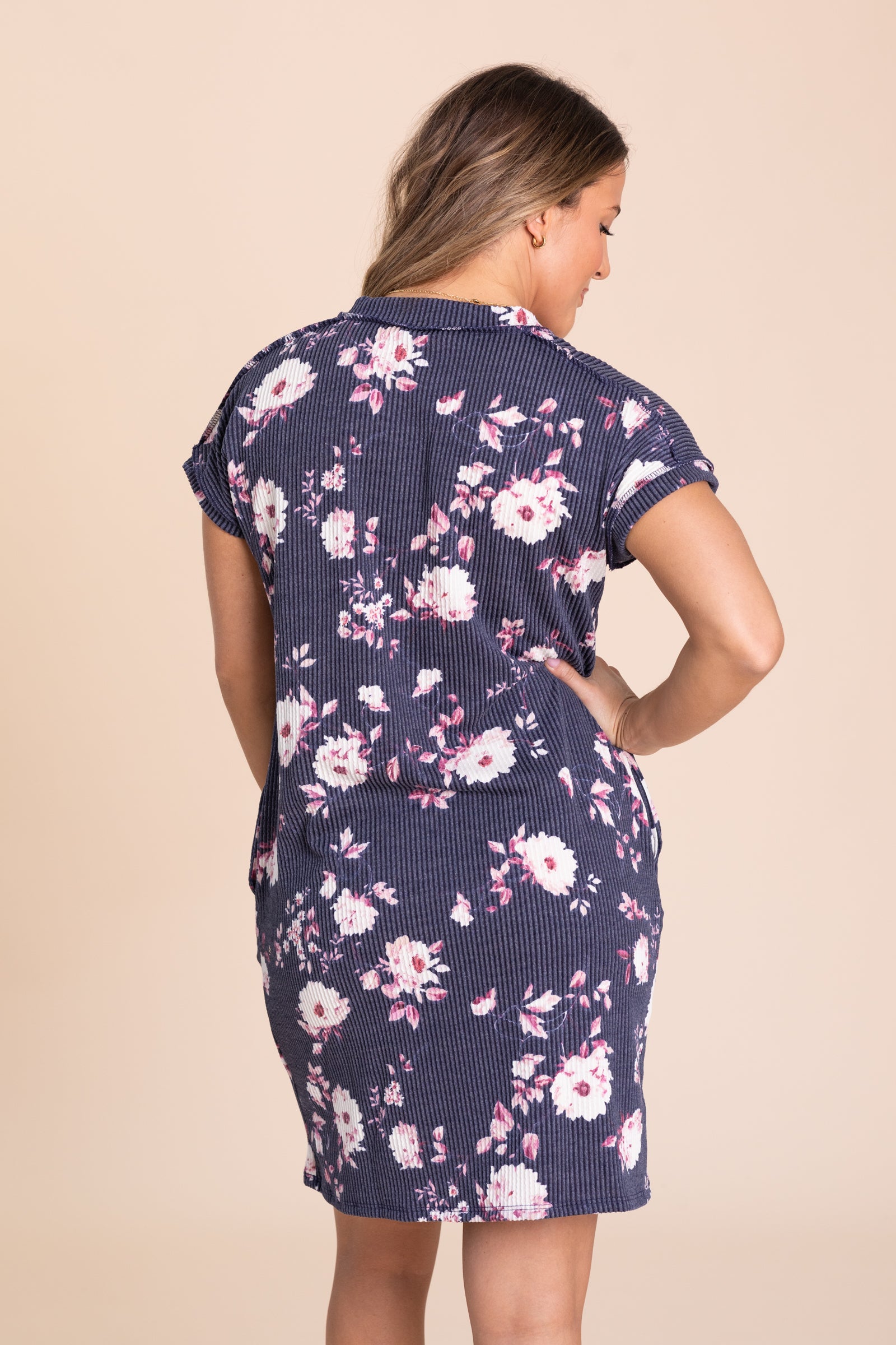 Navy Floral Ribbed Knit Dress