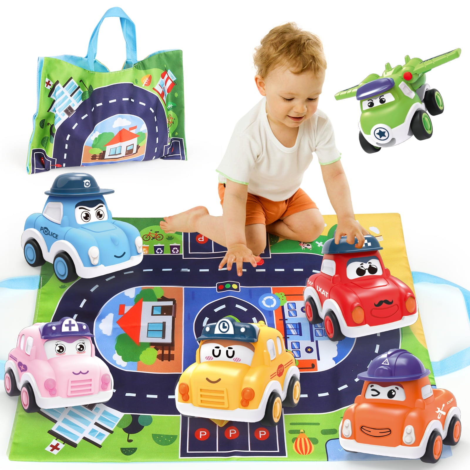 Pull Back Cars for Toddlers 1-3， Vehicles Toy for 1 Year Old Boy，6 Pieces Push and Go Mini Car Set with Playmat Storage Bag，Birthday Present for 1 Year Old Boy