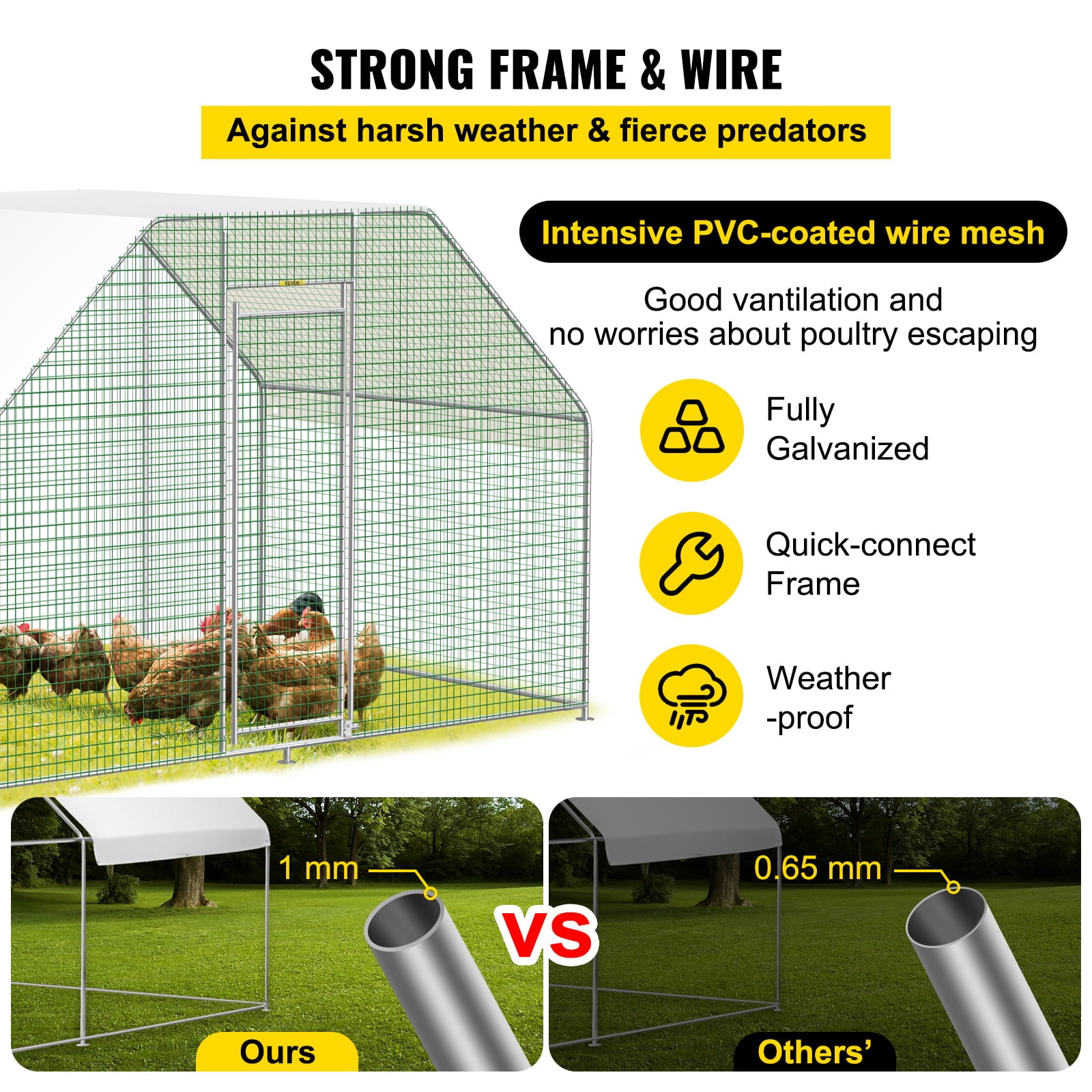 VEVORbrand Chicken Run Coop 10×6ft Large Metal Chicken Coop Flat Shaped， Walk-in Hen Cage， Outdoor Poultry Cage with Waterproof Cover for Backyard