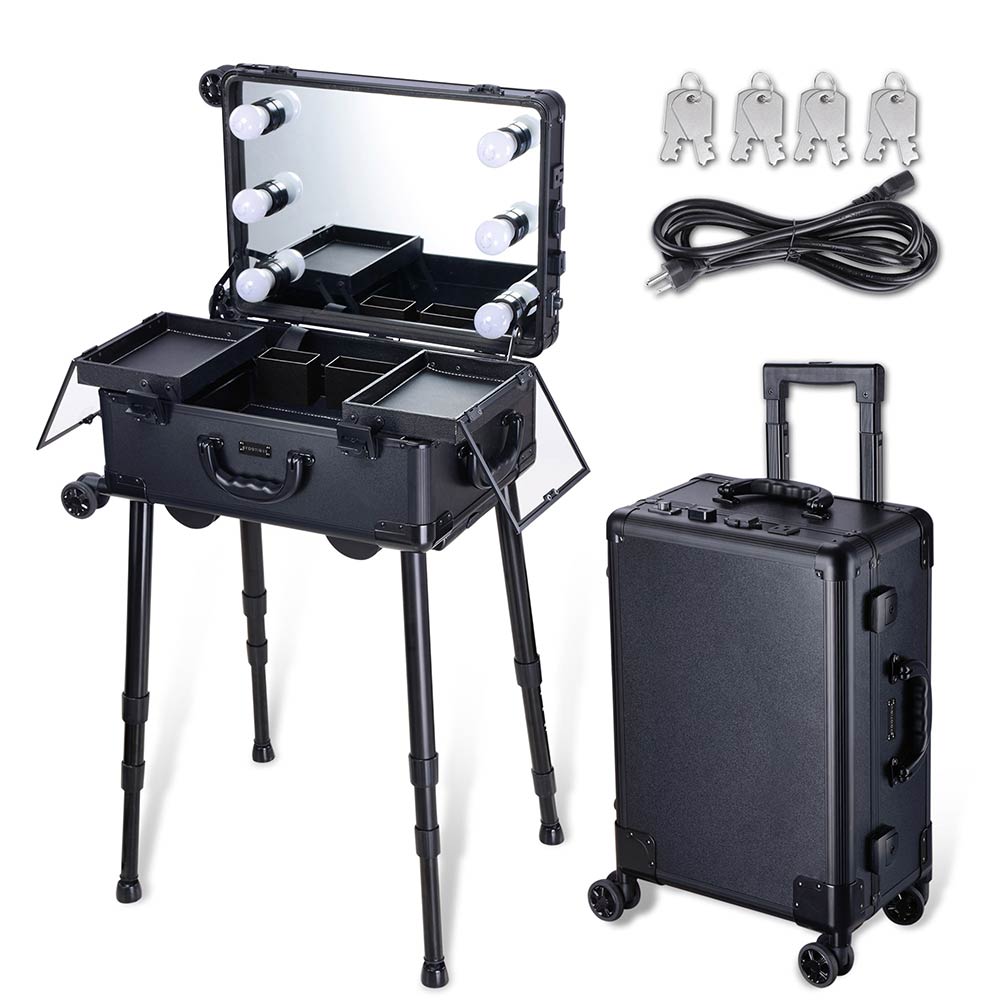 Byootique Rolling Studio Makeup Case with Lighted Mirror & Legs, M