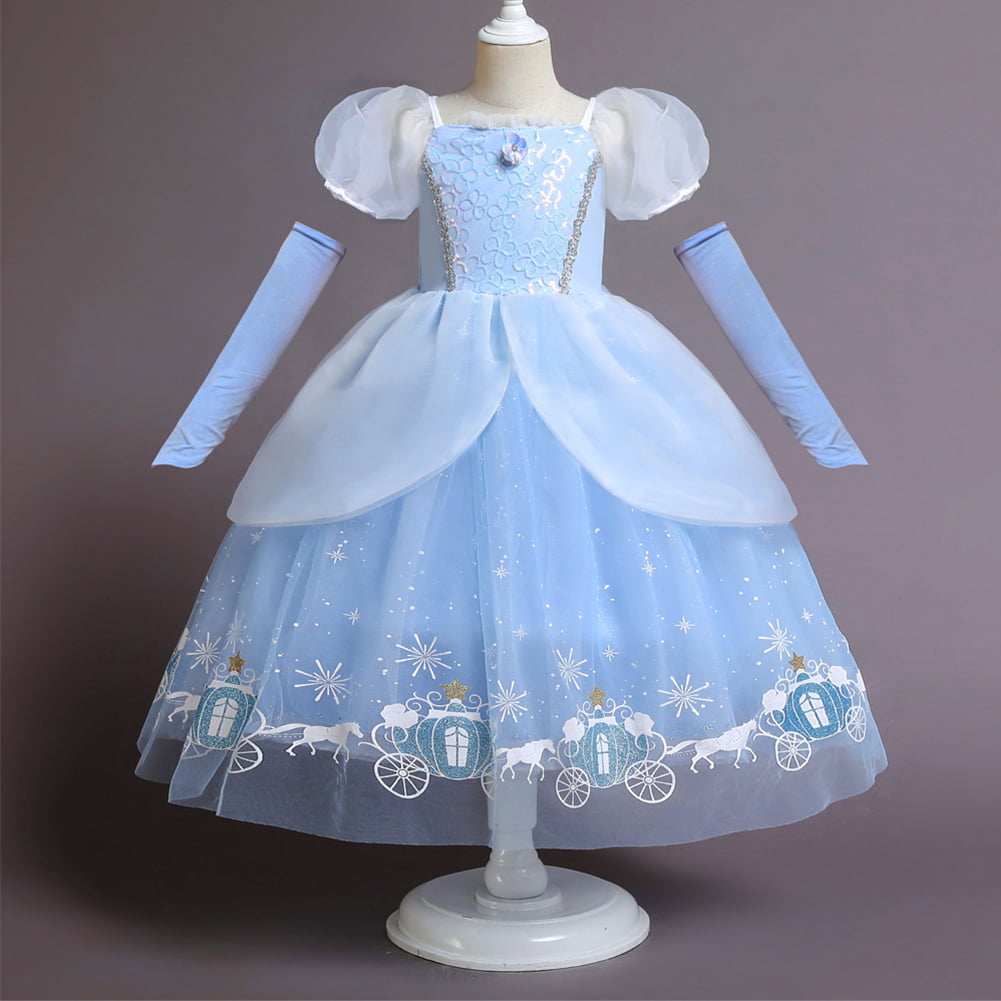 IMEKIS Cinderella Costume for Toddler Girls Princess Costumes Cinderella Dress Up Jewelry Set Crown Fairy Wand Baby Kids Halloween Cosplay Role Play Birthday Outfit 4-5 Years Blue White