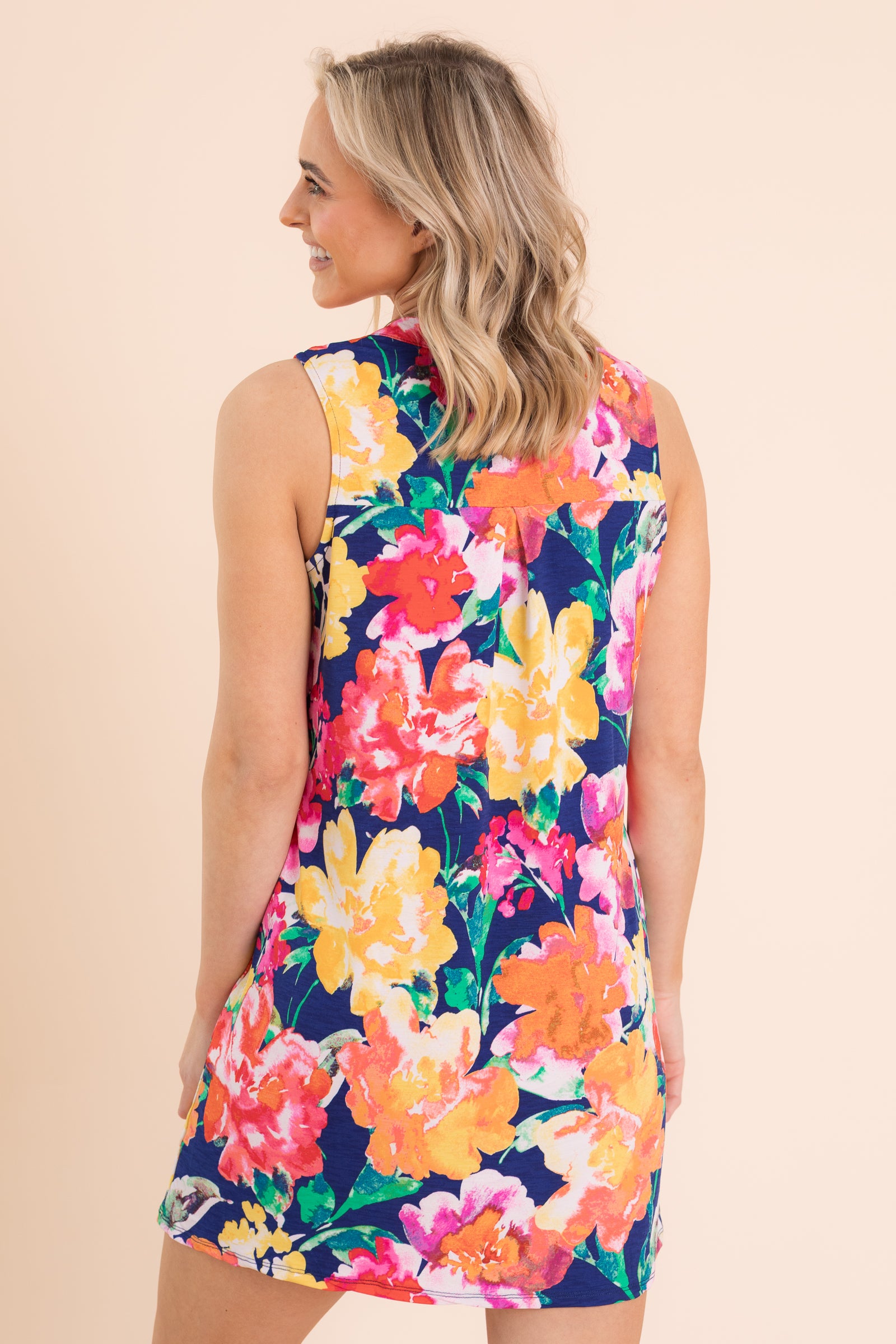 Navy With Floral Wrinkle Free Liz Dress