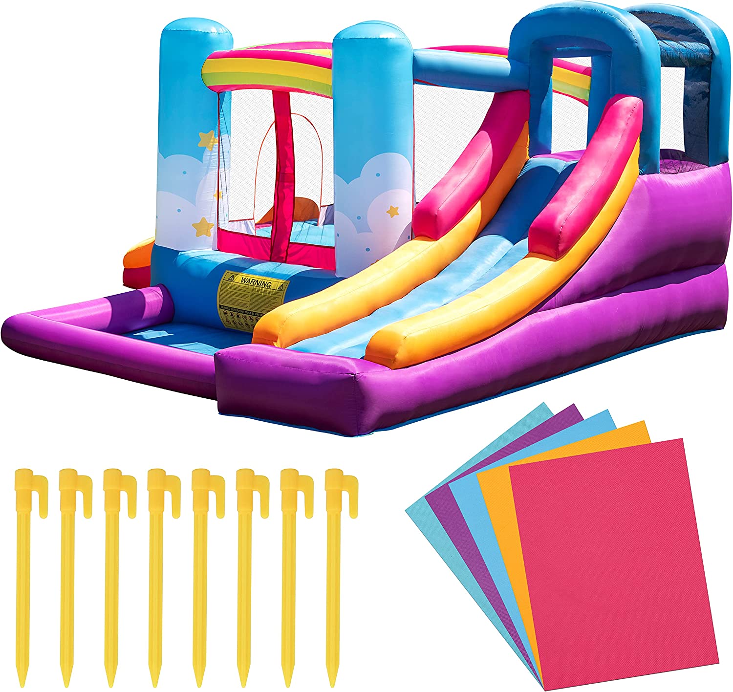 TURFEE Sky and Rainbow Inflatable Bounce House with Side Slide for Kids