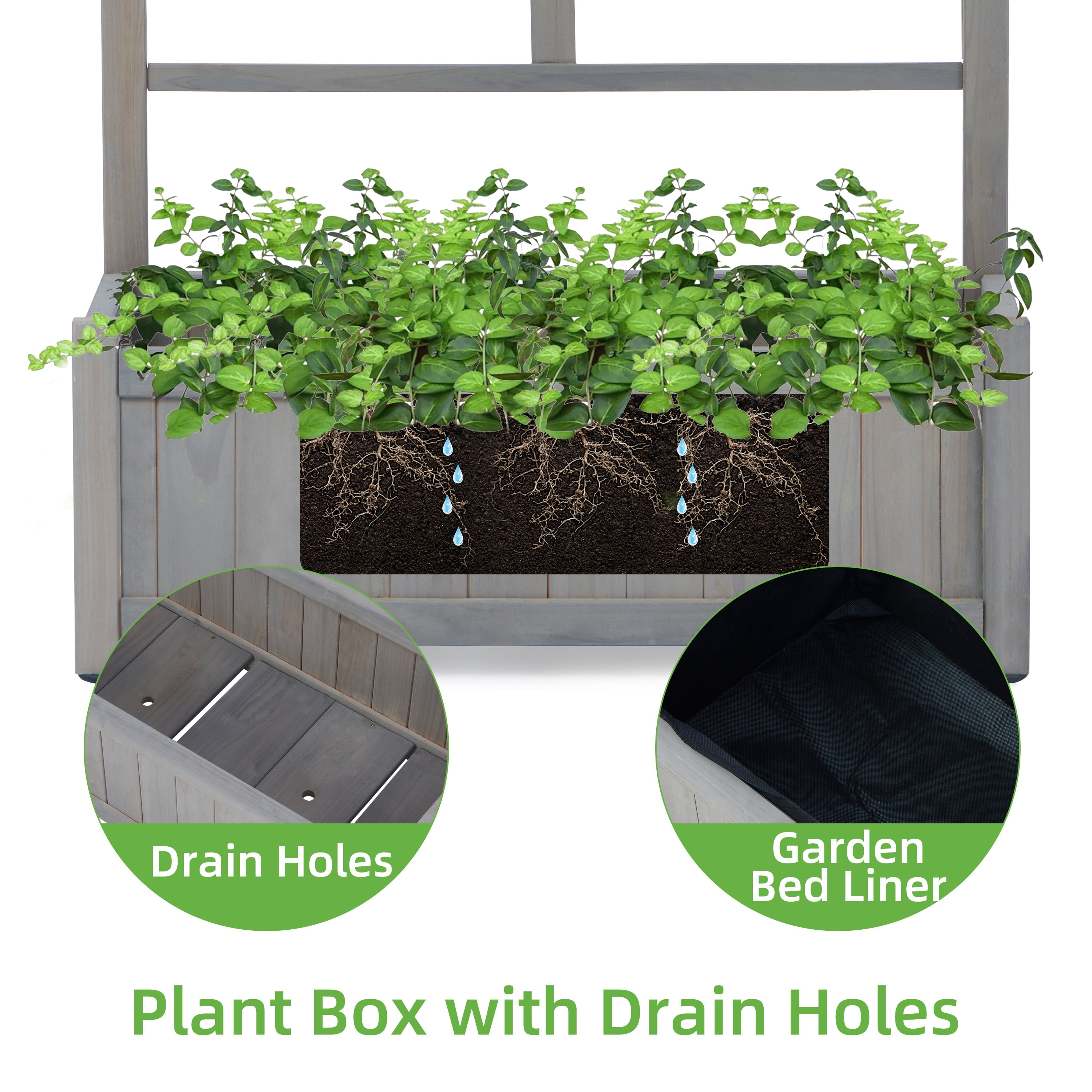 D-road 31.5x16x67" Wooden Raised Garden Bed W/ Adjustable Trellis, Climbing Racks Patio Planter Box, Gray